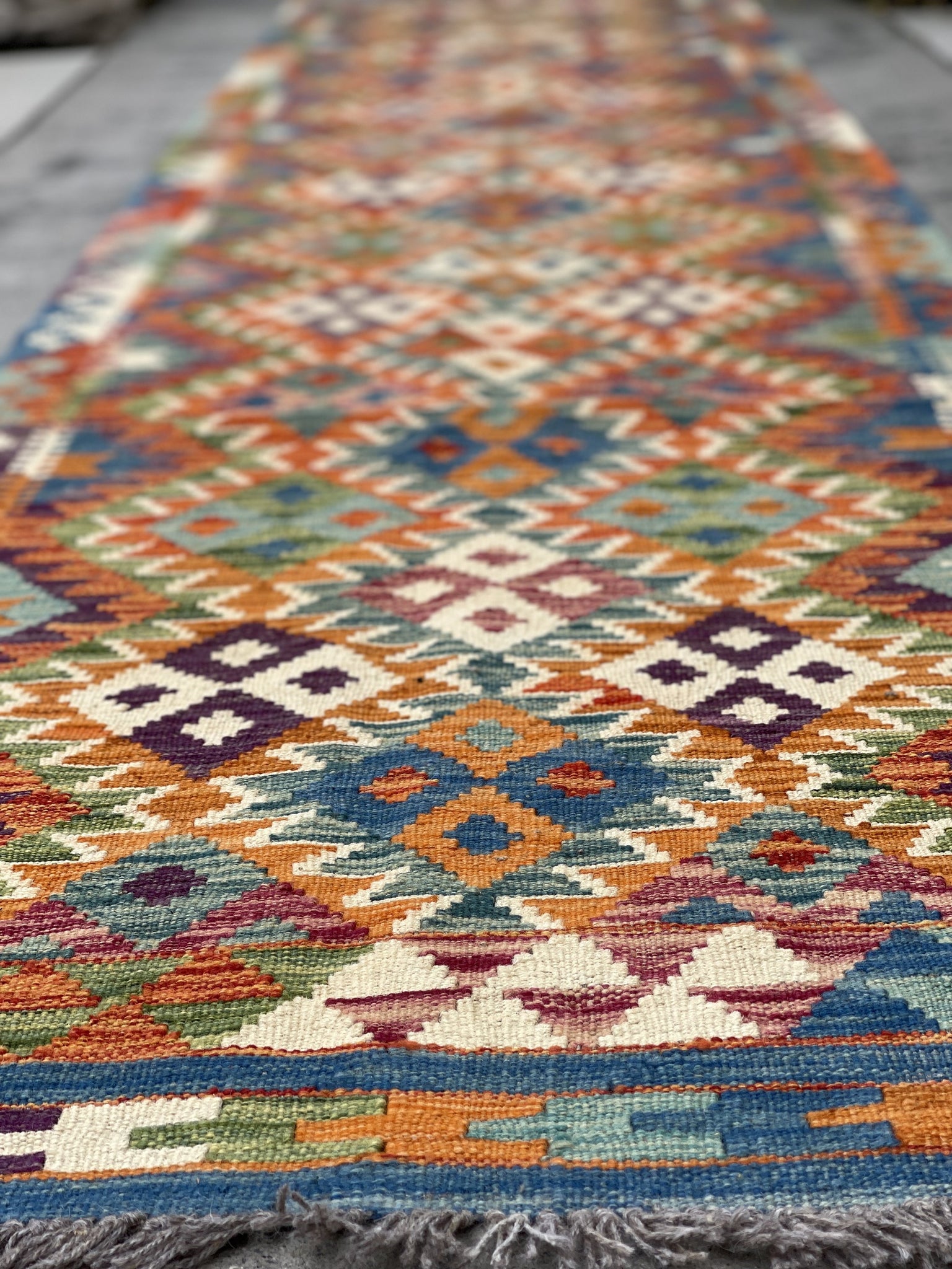 3x13 (90x395) Handmade Afghan Kilim Rug Runner | Blue Orange Ivory Green Turquoise Purple | Flatweave Flat Weave Tribal Oriental Boho Wool