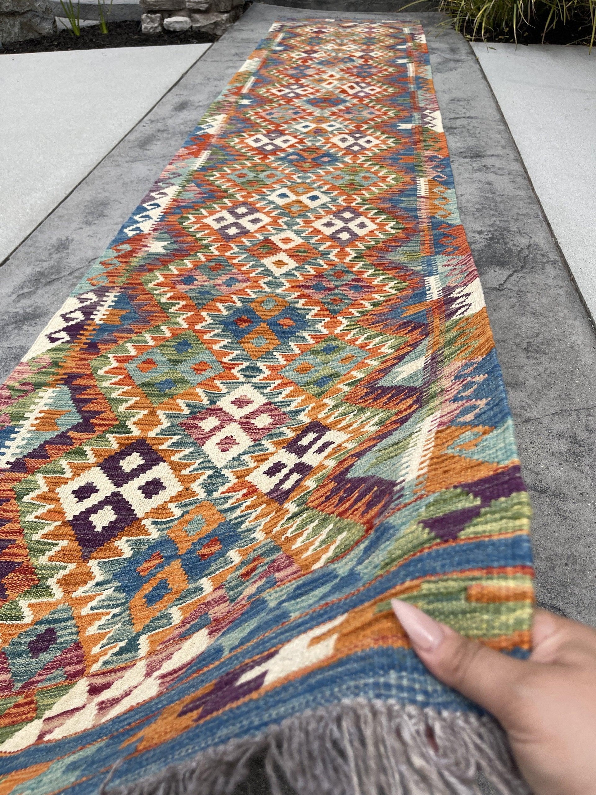 3x13 (90x395) Handmade Afghan Kilim Rug Runner | Blue Orange Ivory Green Turquoise Purple | Flatweave Flat Weave Tribal Oriental Boho Wool