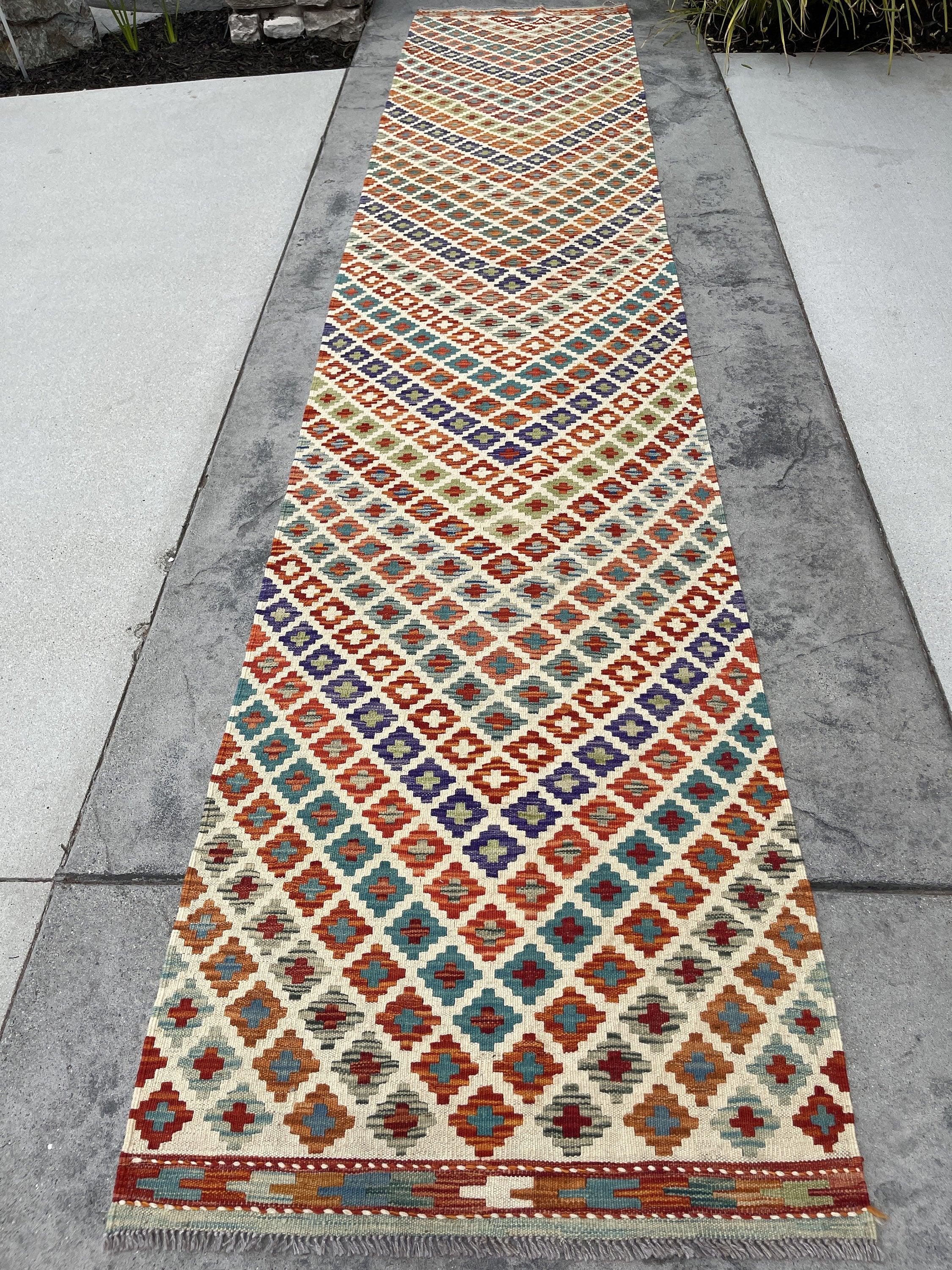 3x13 (90x395) Handmade Afghan Kilim Rug Runner | Ivory Cream Orange Blue Green Turquoise | Flatweave Flat Weave Tribal Oriental Boho Wool