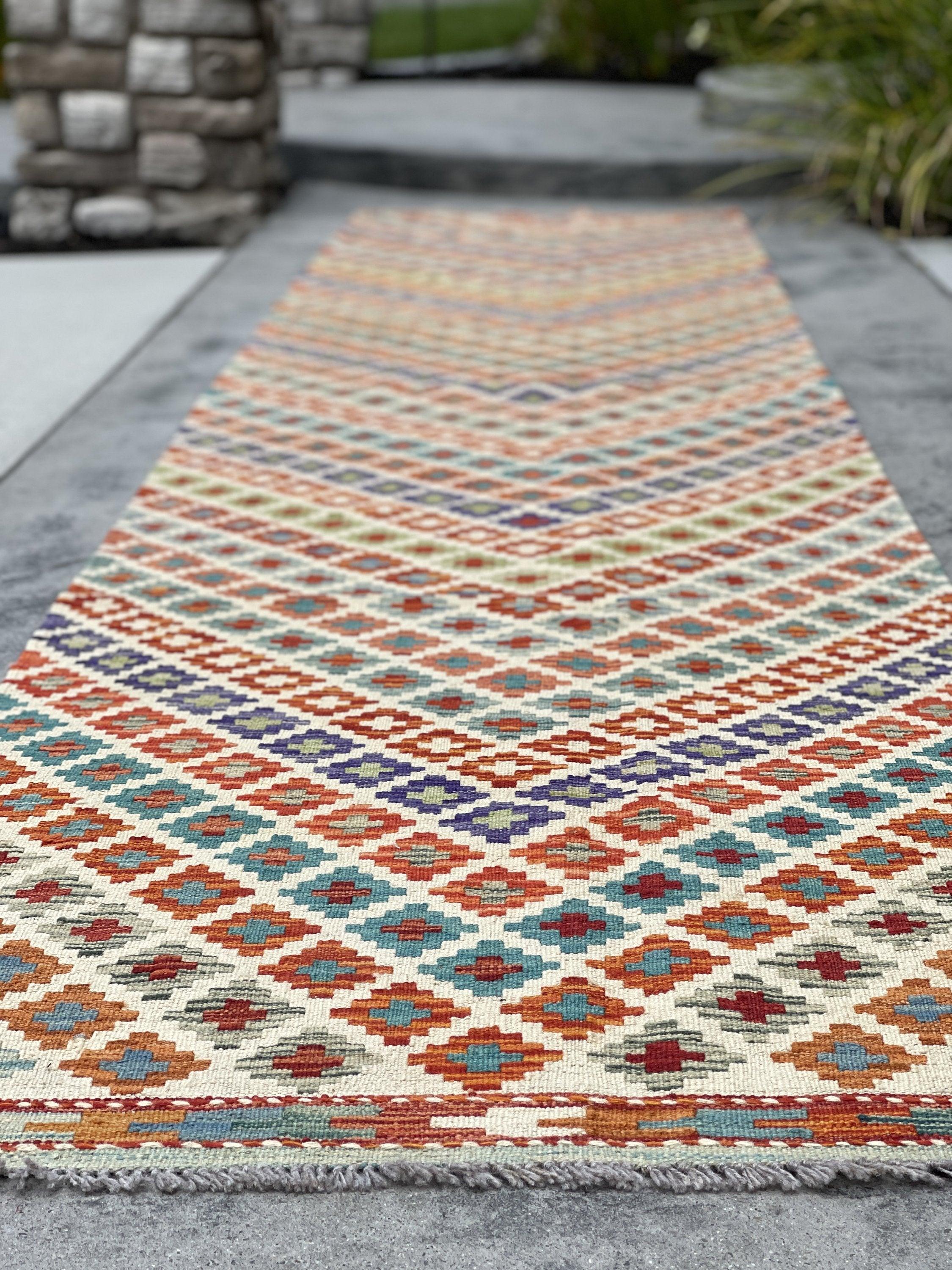 3x13 (90x395) Handmade Afghan Kilim Rug Runner | Ivory Cream Orange Blue Green Turquoise | Flatweave Flat Weave Tribal Oriental Boho Wool