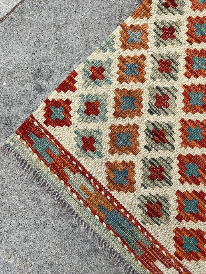 3x13 (90x395) Handmade Afghan Kilim Rug Runner | Ivory Cream Orange Blue Green Turquoise | Flatweave Flat Weave Tribal Oriental Boho Wool