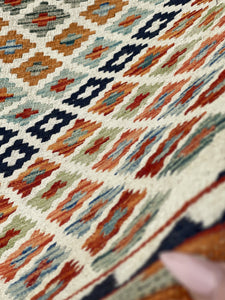 3x13 (90x395) Handmade Afghan Kilim Rug Runner | Ivory Cream Black Orange Blue Green | Flatweave Flat Weave Tribal Oriental Boho Wool
