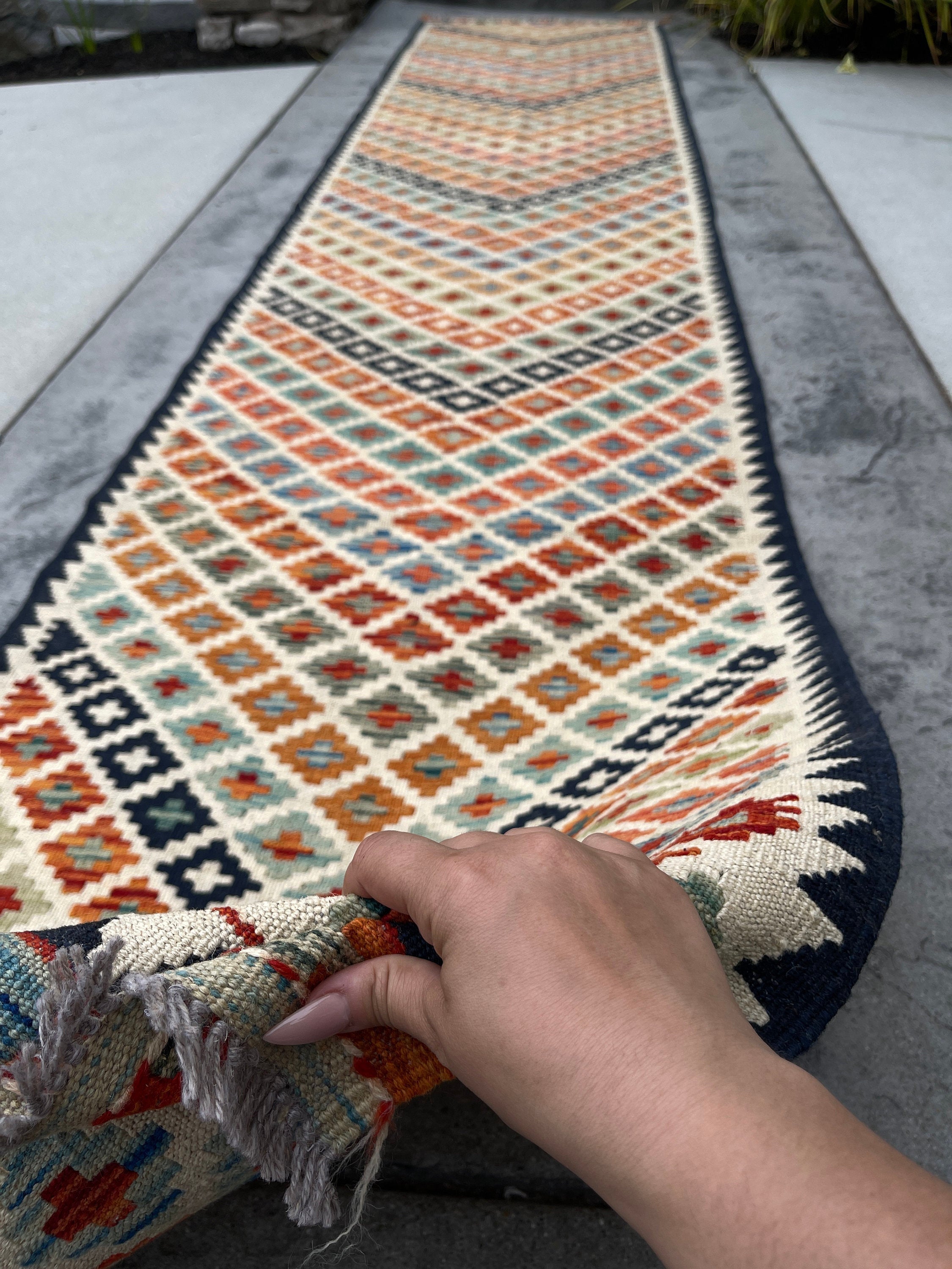 3x13 (90x395) Handmade Afghan Kilim Rug Runner | Ivory Cream Black Orange Blue Green | Flatweave Flat Weave Tribal Oriental Boho Wool