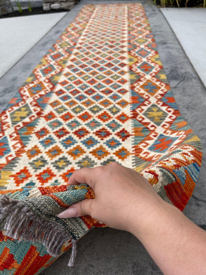 3x13 (90x395) Handmade Afghan Kilim Rug Runner | White Orange Blue Green Yellow | Flatweave Flat Weave Tribal Oriental Boho Wool