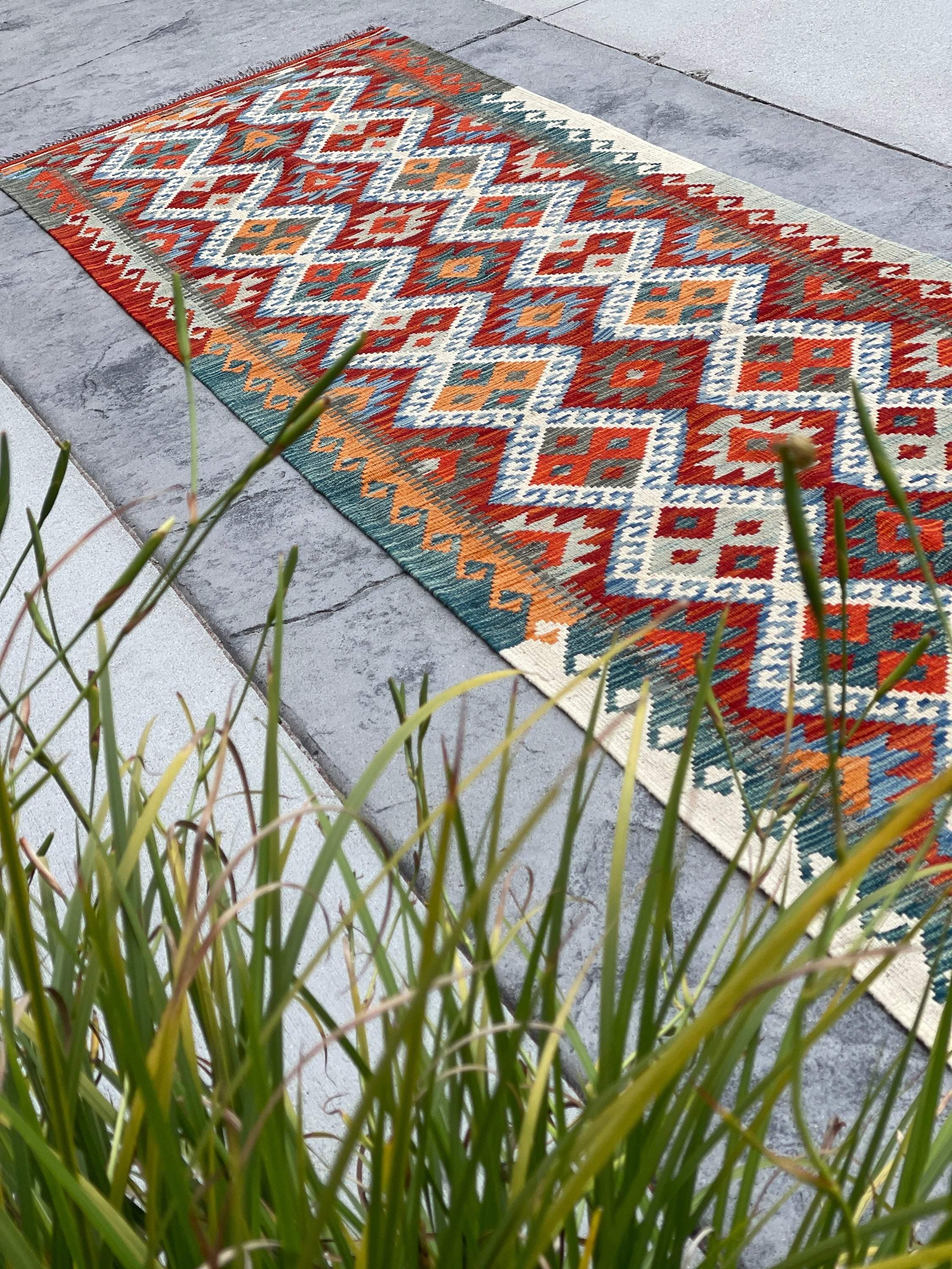 3x13 (90x395) Handmade Afghan Kilim Rug Runner | Red Orange Ivory Blue Green Turquoise | Flatweave Flat Weave Tribal Oriental Boho Wool