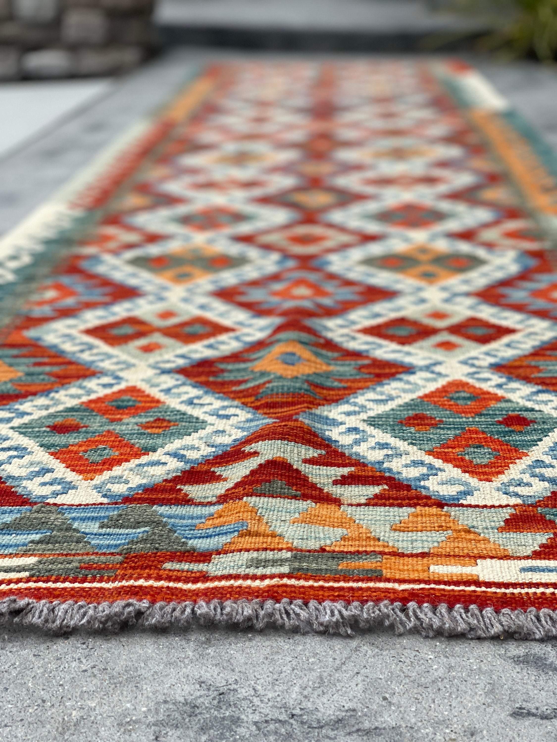 3x13 (90x395) Handmade Afghan Kilim Rug Runner | Red Orange Ivory Blue Green Turquoise | Flatweave Flat Weave Tribal Oriental Boho Wool