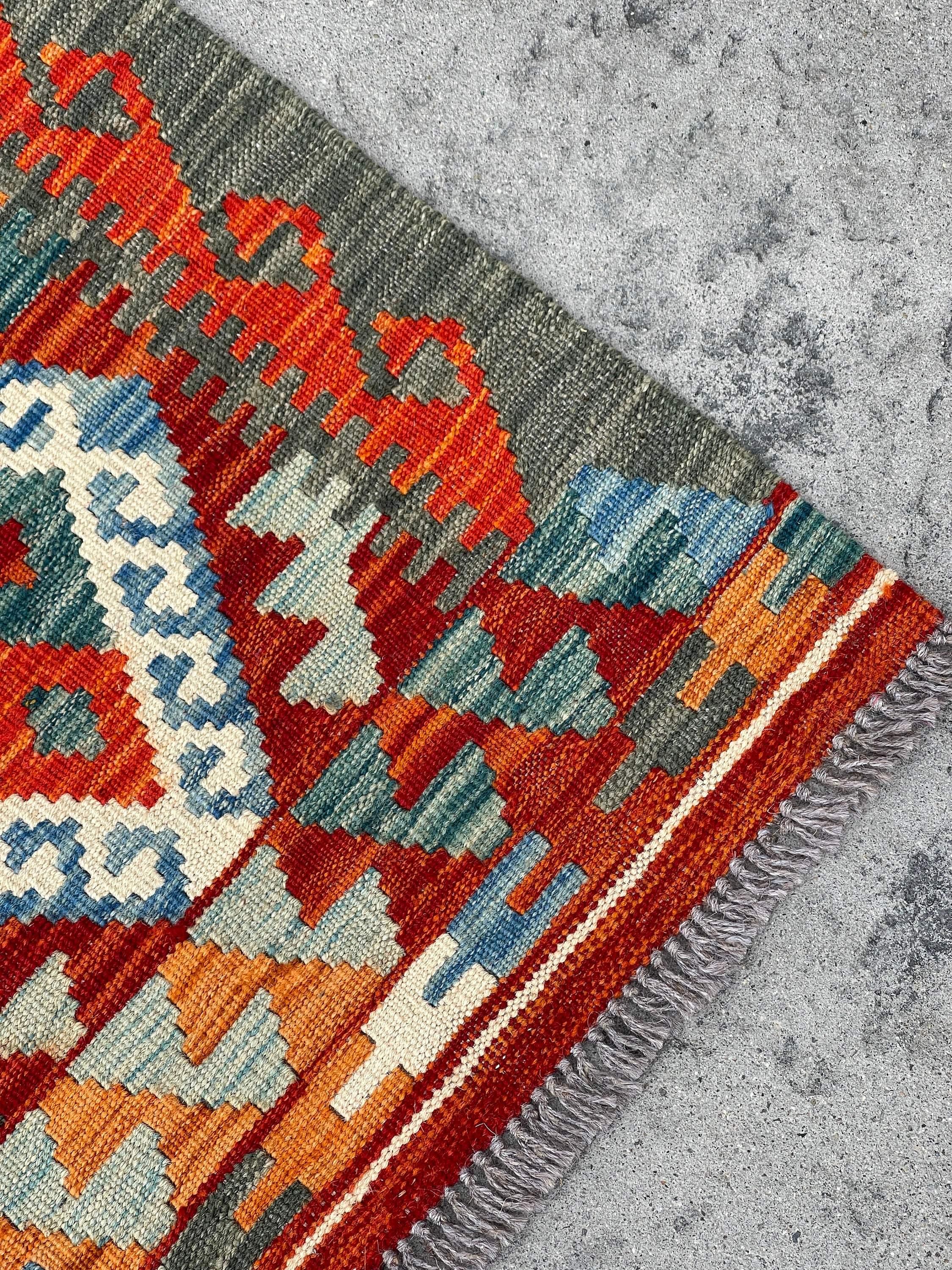 3x13 (90x395) Handmade Afghan Kilim Rug Runner | Red Orange Ivory Blue Green Turquoise | Flatweave Flat Weave Tribal Oriental Boho Wool