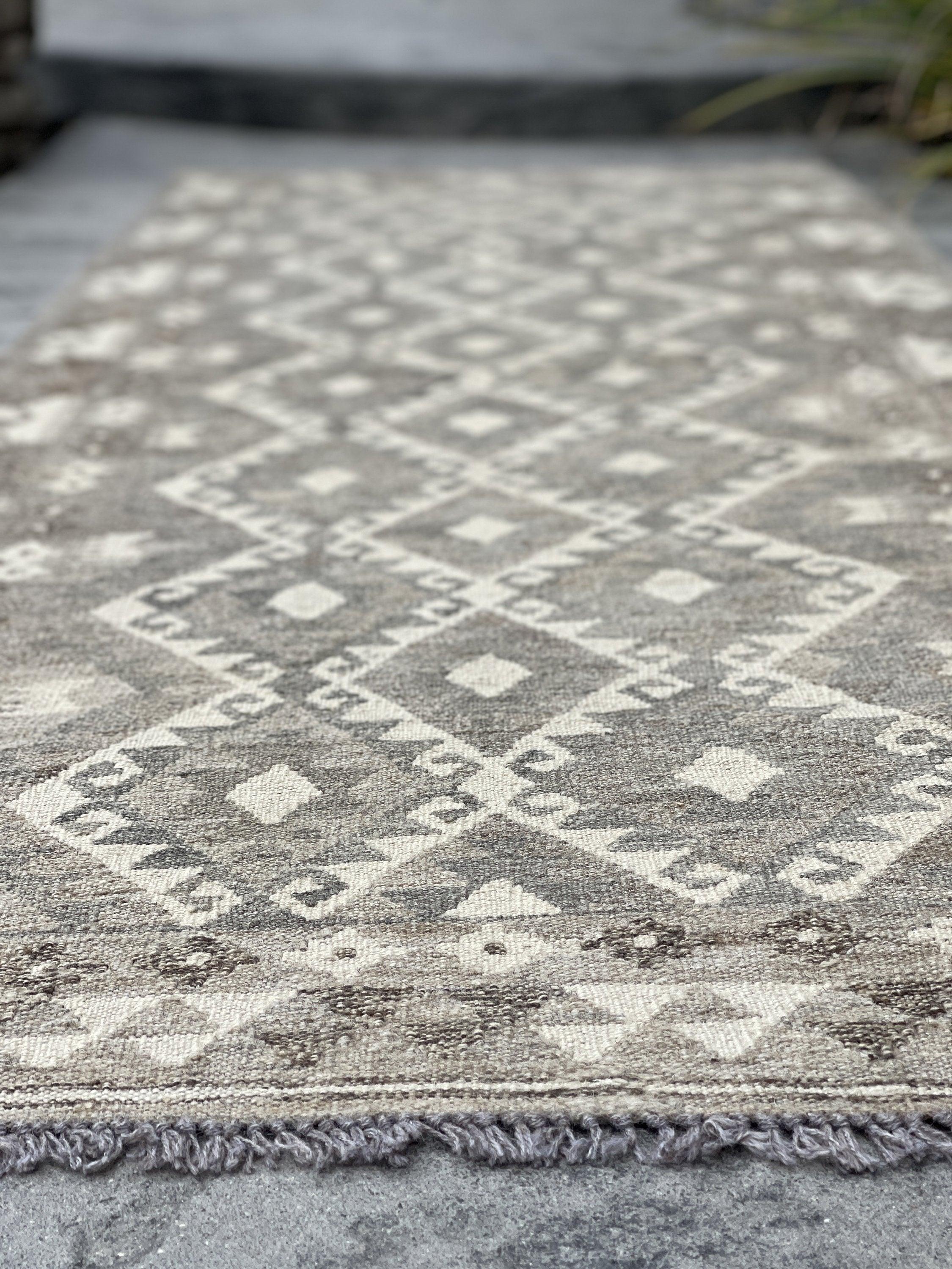 3x8 (90x245) Handmade Afghan Kilim Runner Rug | Light Grey Gray Ivory Cream | Flatweave Flat Weave Tribal Turkish Moroccan Oriental Wool