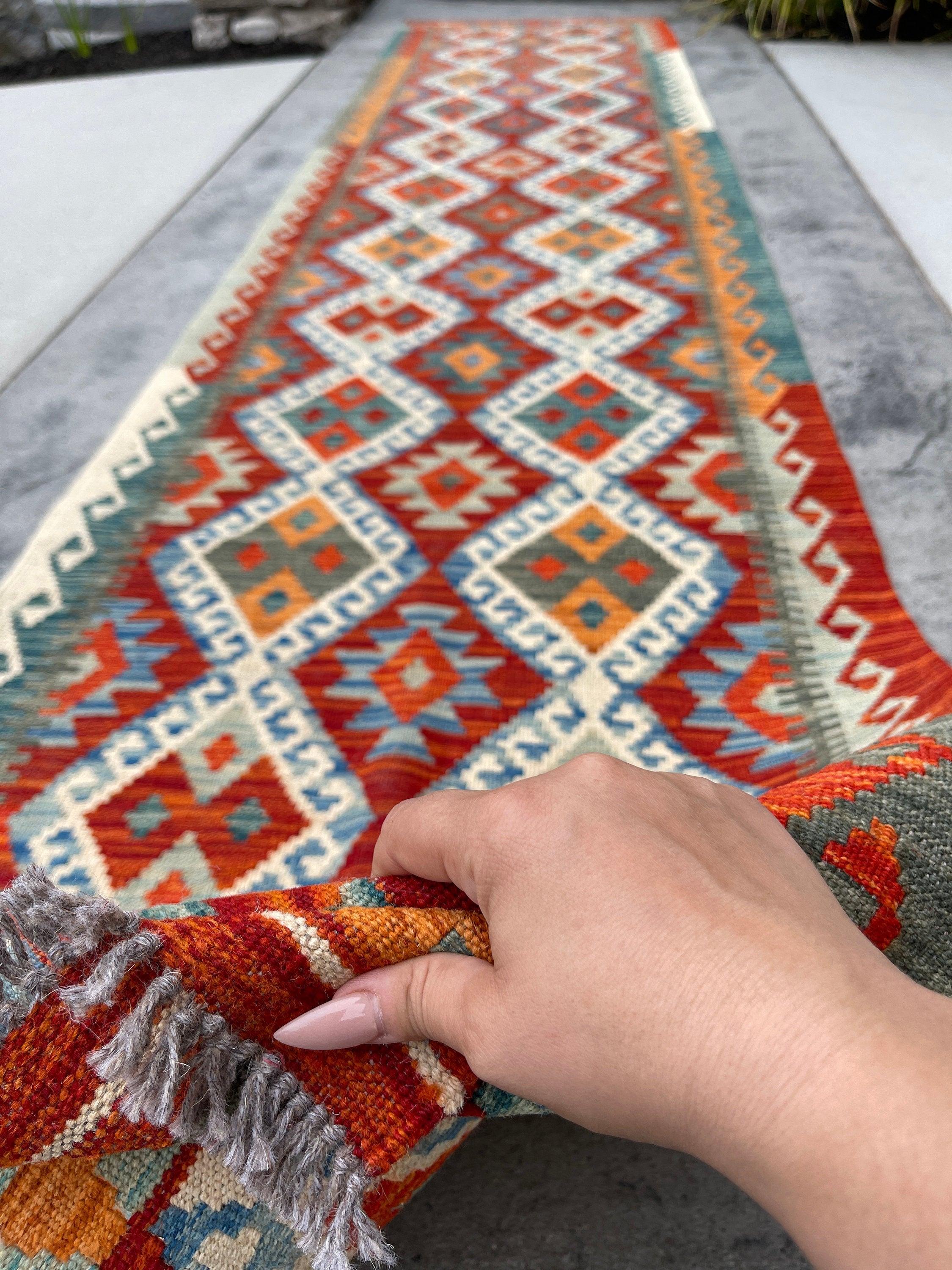 3x13 (90x395) Handmade Afghan Kilim Rug Runner | Red Orange Ivory Blue Green Turquoise | Flatweave Flat Weave Tribal Oriental Boho Wool