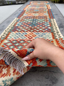 3x13 (90x395) Handmade Afghan Kilim Rug Runner | Ivory Cream Burnt Orange Blue Green | Flatweave Flat Weave Tribal Oriental Boho Wool
