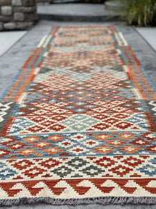 3x13 (90x410) Handmade Afghan Kilim Rug Runner | Ivory Cream Burnt Orange Blue Green | Flatweave Flat Weave Tribal Oriental Boho Wool