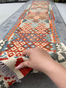 3x13 (90x410) Handmade Afghan Kilim Rug Runner | Ivory Cream Burnt Orange Blue Green | Flatweave Flat Weave Tribal Oriental Boho Wool