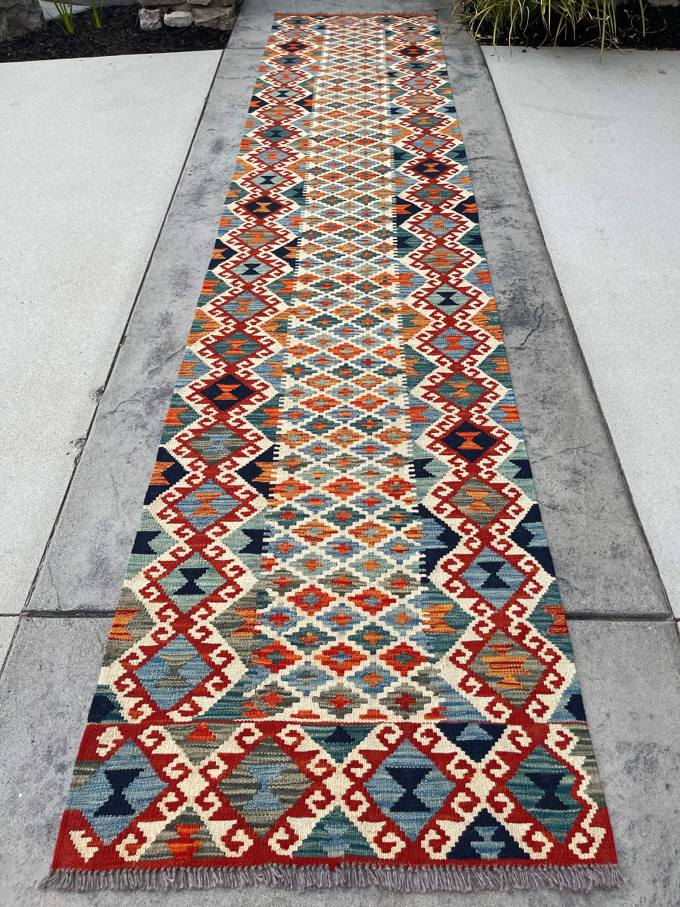 3x13 (90x395) Handmade Afghan Kilim Rug Runner | Blue Ivory Cream Red Orange Green Colorful | Flatweave Flat Weave Tribal Oriental Boho Wool