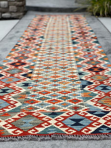 3x13 (90x395) Handmade Afghan Kilim Rug Runner | Blue Ivory Cream Red Orange Green Colorful | Flatweave Flat Weave Tribal Oriental Boho Wool