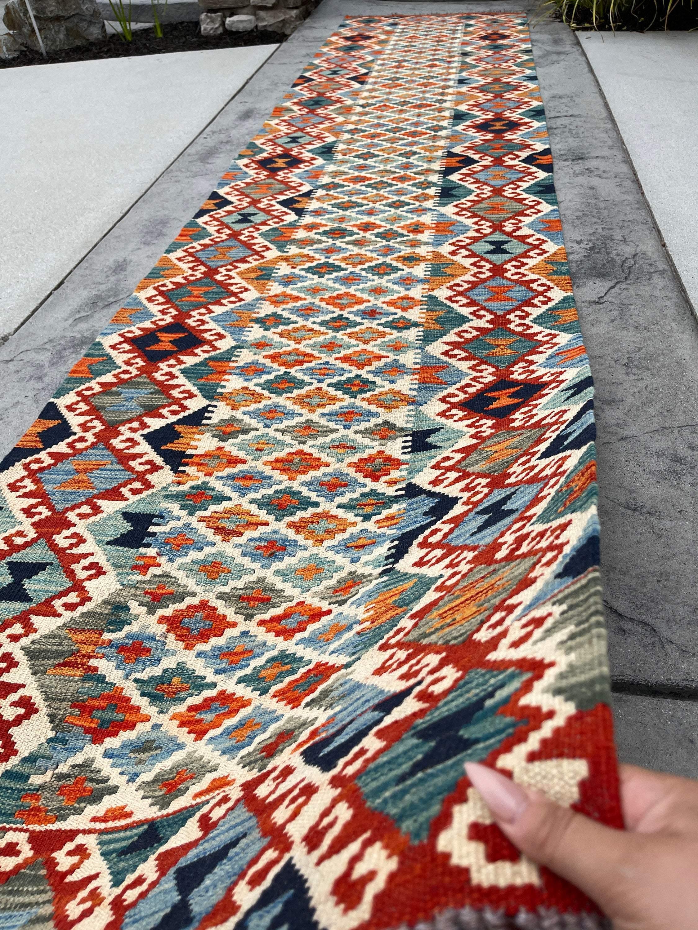 3x13 (90x395) Handmade Afghan Kilim Rug Runner | Blue Ivory Cream Red Orange Green Colorful | Flatweave Flat Weave Tribal Oriental Boho Wool