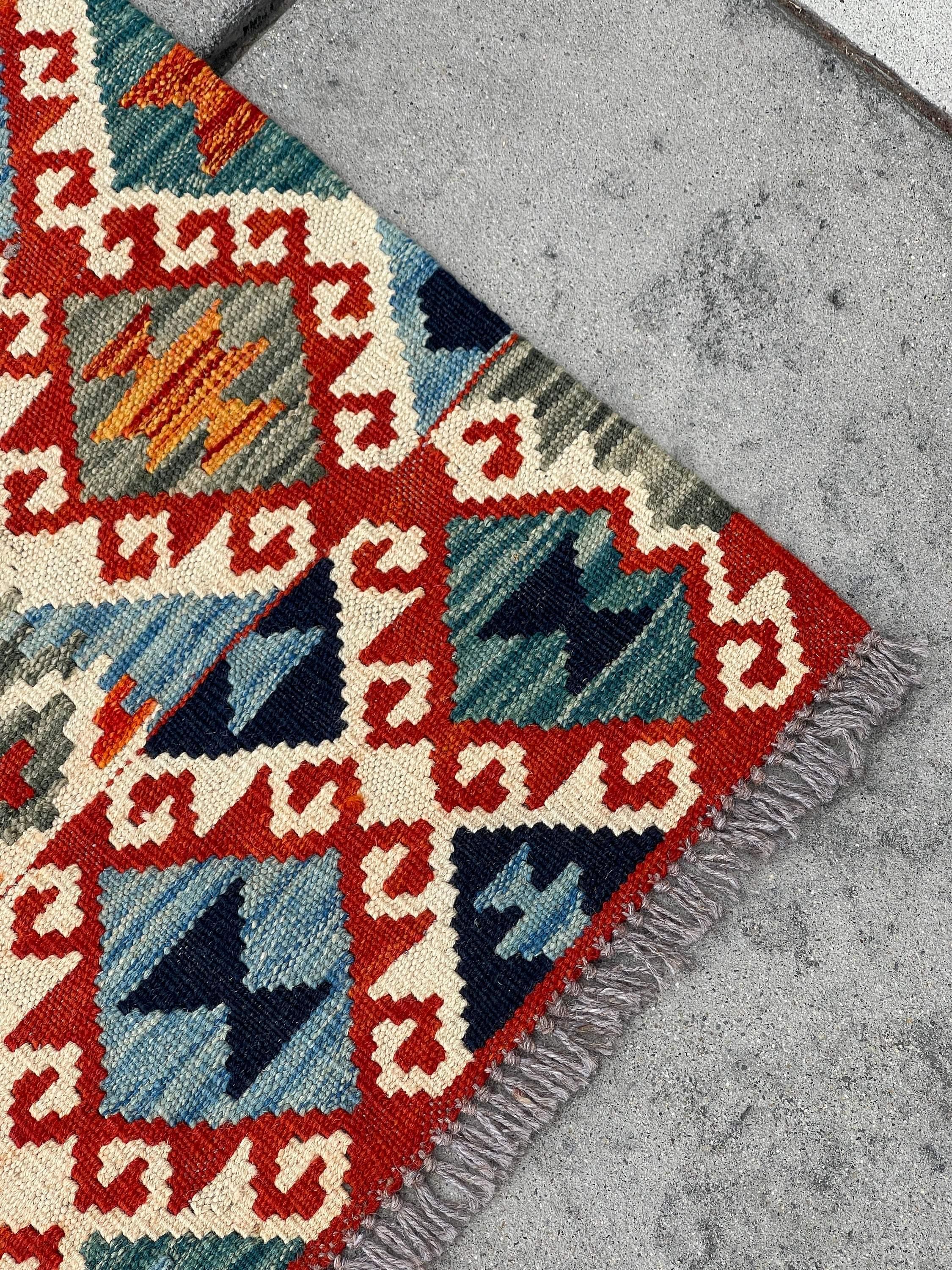 3x13 (90x395) Handmade Afghan Kilim Rug Runner | Blue Ivory Cream Red Orange Green Colorful | Flatweave Flat Weave Tribal Oriental Boho Wool