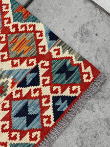 3x13 (90x395) Handmade Afghan Kilim Rug Runner | Blue Ivory Cream Red Orange Green Colorful | Flatweave Flat Weave Tribal Oriental Boho Wool