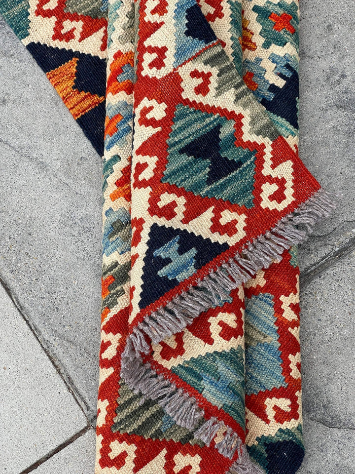 3x13 (90x395) Handmade Afghan Kilim Rug Runner | Blue Ivory Cream Red Orange Green Colorful | Flatweave Flat Weave Tribal Oriental Boho Wool