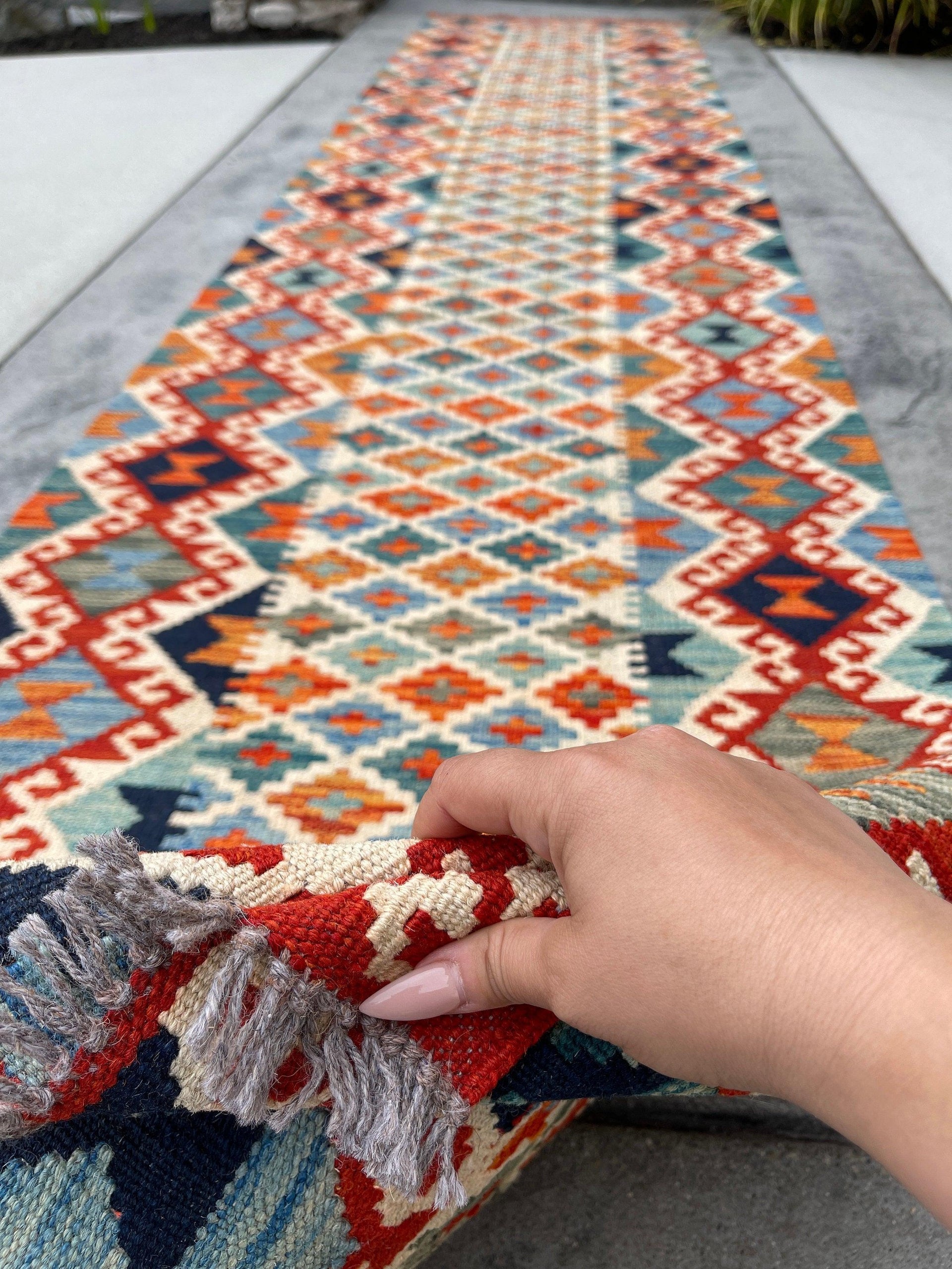 3x13 (90x395) Handmade Afghan Kilim Rug Runner | Blue Ivory Cream Red Orange Green Colorful | Flatweave Flat Weave Tribal Oriental Boho Wool