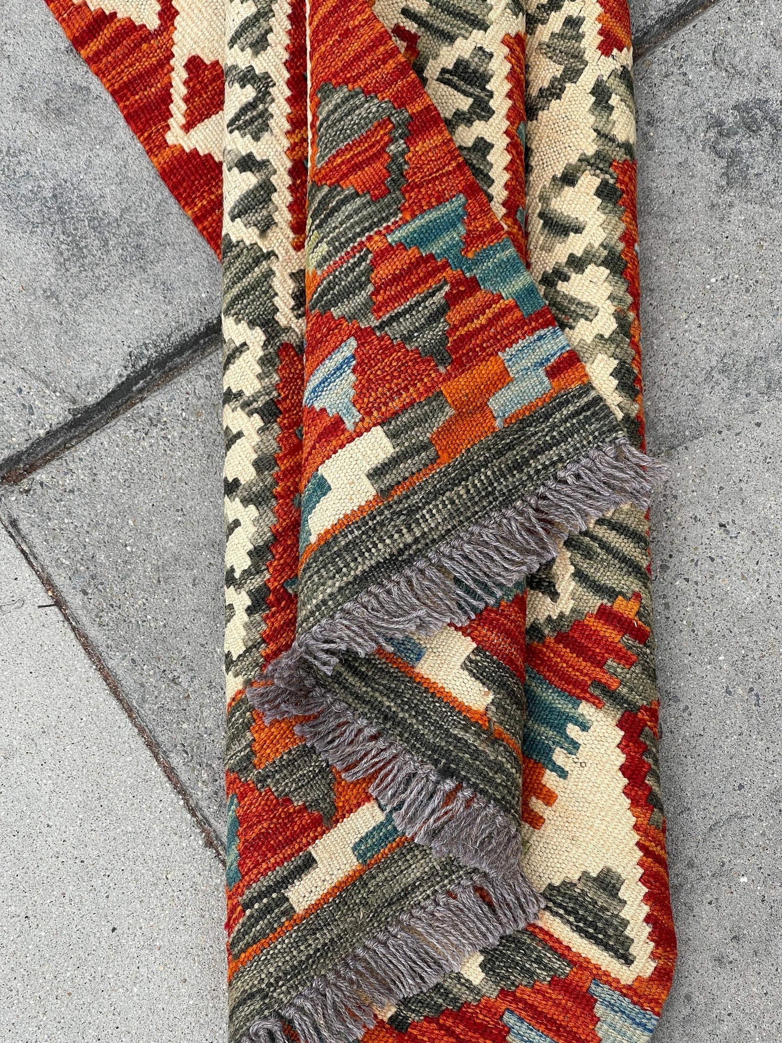 3x14 (90x410) Handmade Afghan Kilim Rug Runner | Red Orange Ivory Blue Sage Green | Flatweave Flat Weave Tribal Oriental Boho Wool