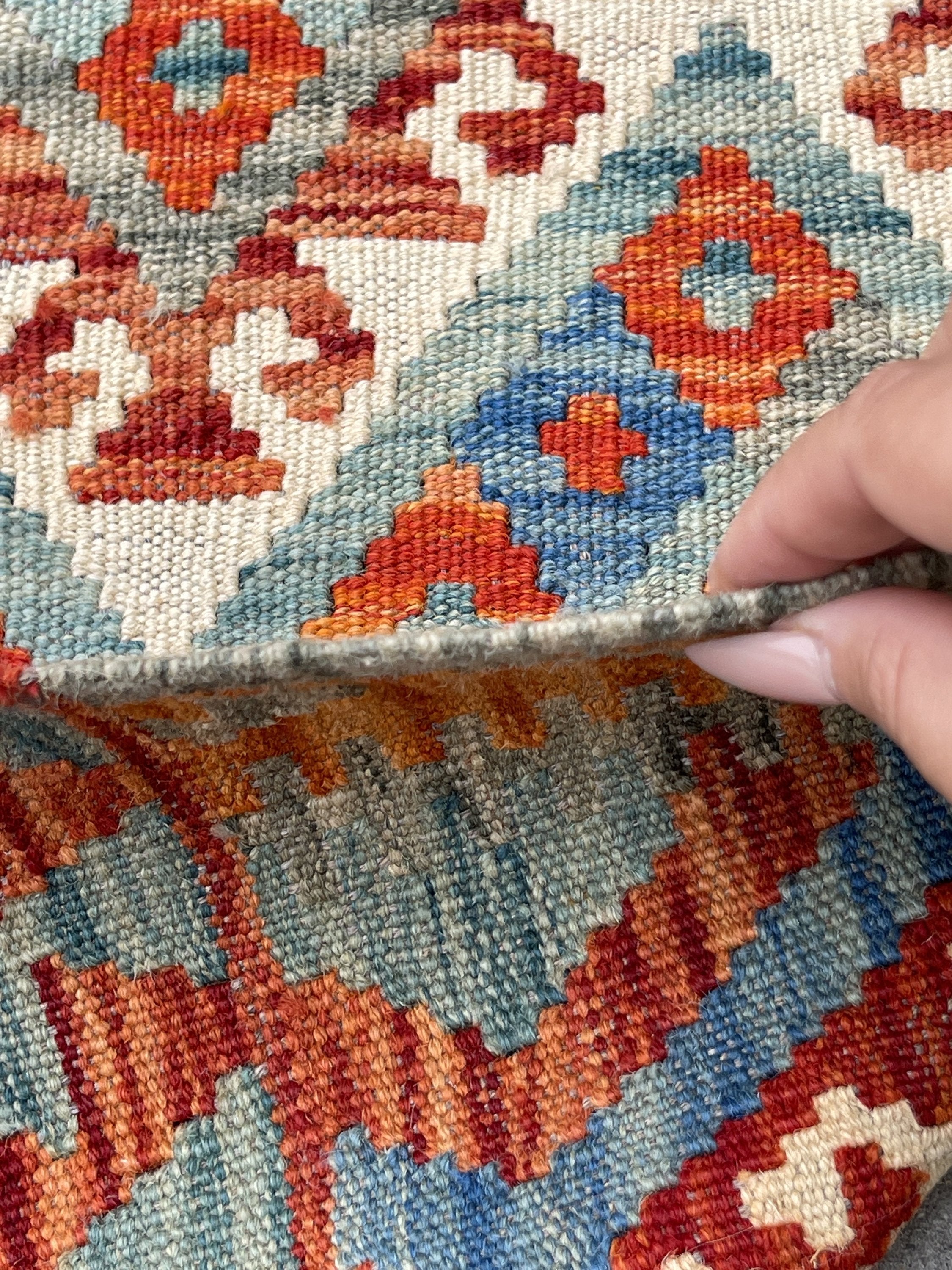 3x13 (90x395) Handmade Afghan Kilim Rug Runner | Blue Burnt Orange Ivory Sage Green | Flatweave Flat Weave Tribal Oriental Boho Wool