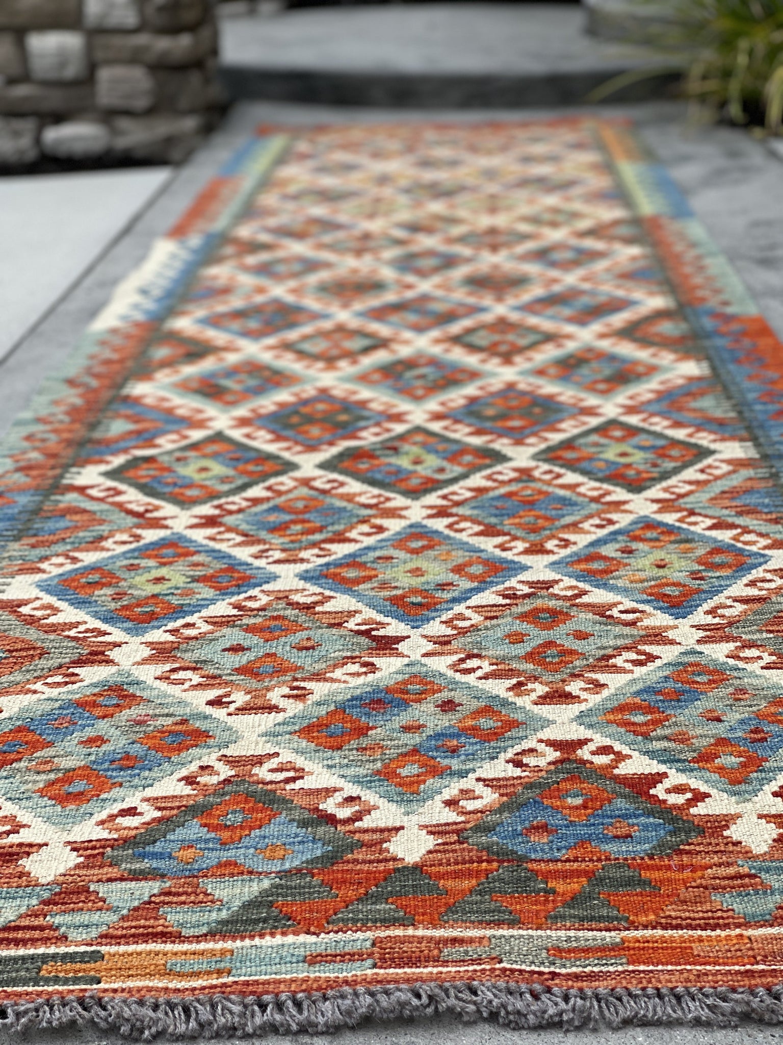 3x13 (90x395) Handmade Afghan Kilim Rug Runner | Blue Burnt Orange Ivory Sage Green | Flatweave Flat Weave Tribal Oriental Boho Wool