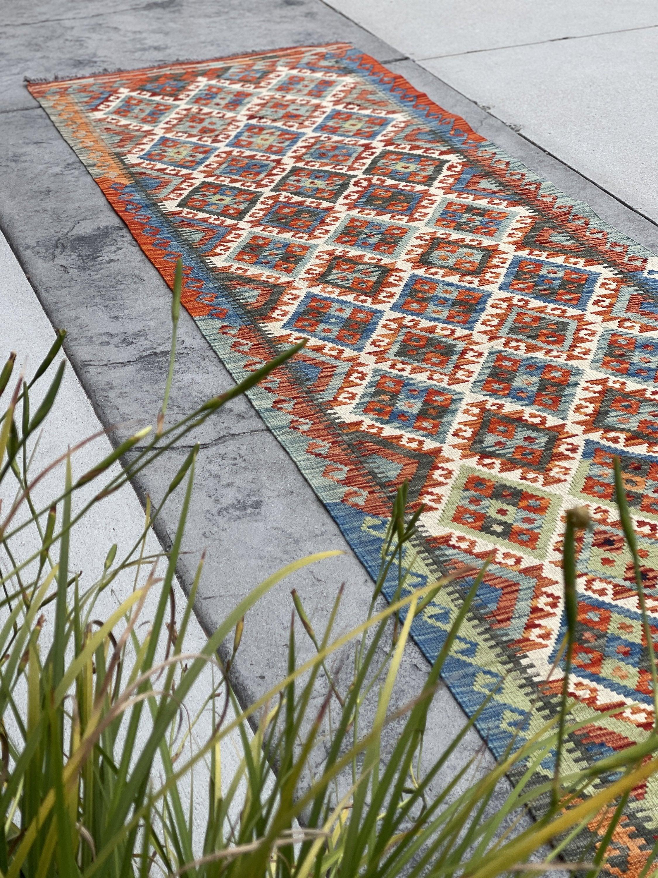 3x13 (90x395) Handmade Afghan Kilim Rug Runner | Blue Burnt Orange Ivory Sage Green | Flatweave Flat Weave Tribal Oriental Boho Wool