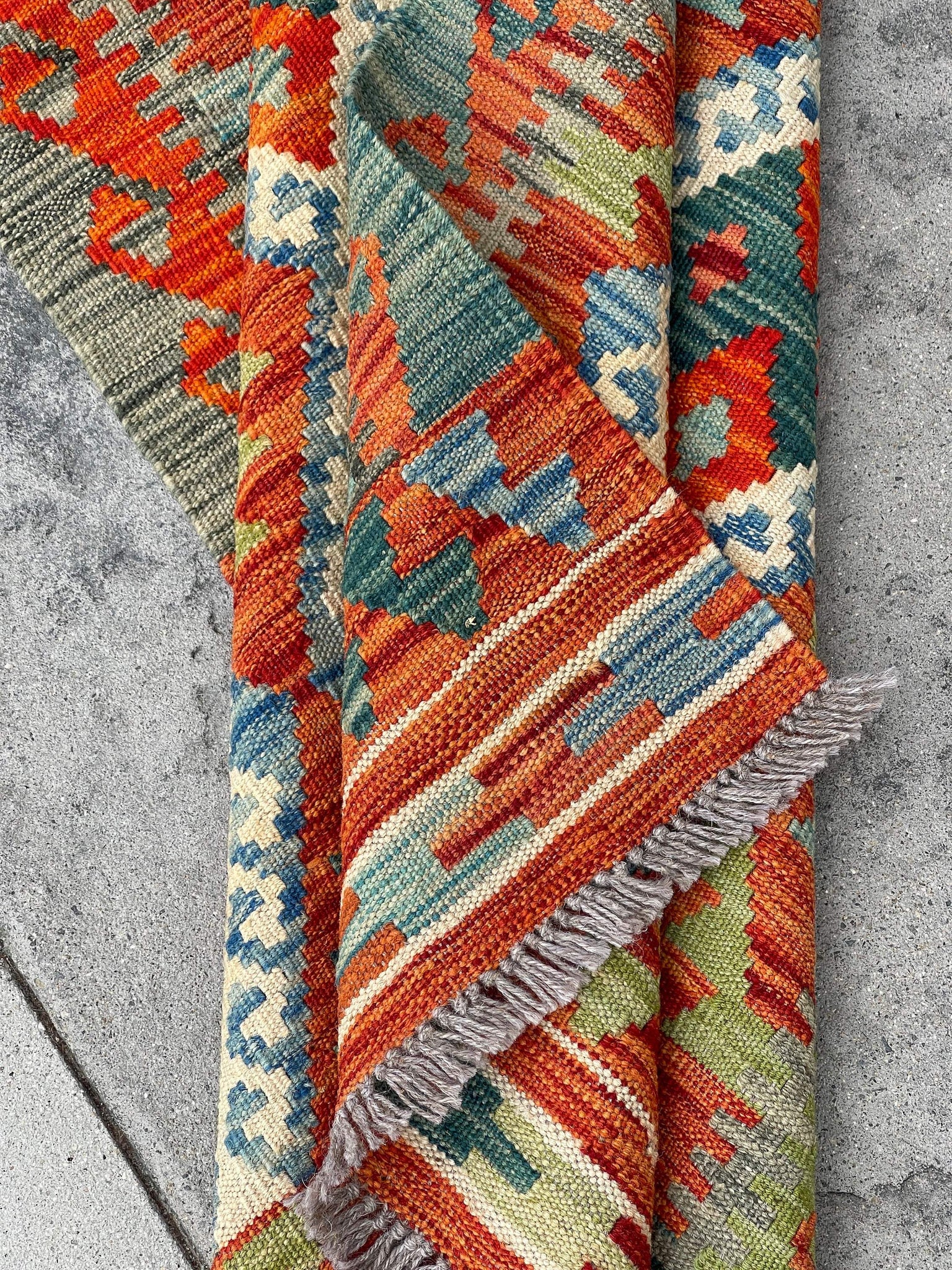 3x13 (90x395) Handmade Afghan Kilim Rug Runner | Burnt Orange Ivory Blue Green Sage | Flatweave Flat Weave Tribal Oriental Boho Wool