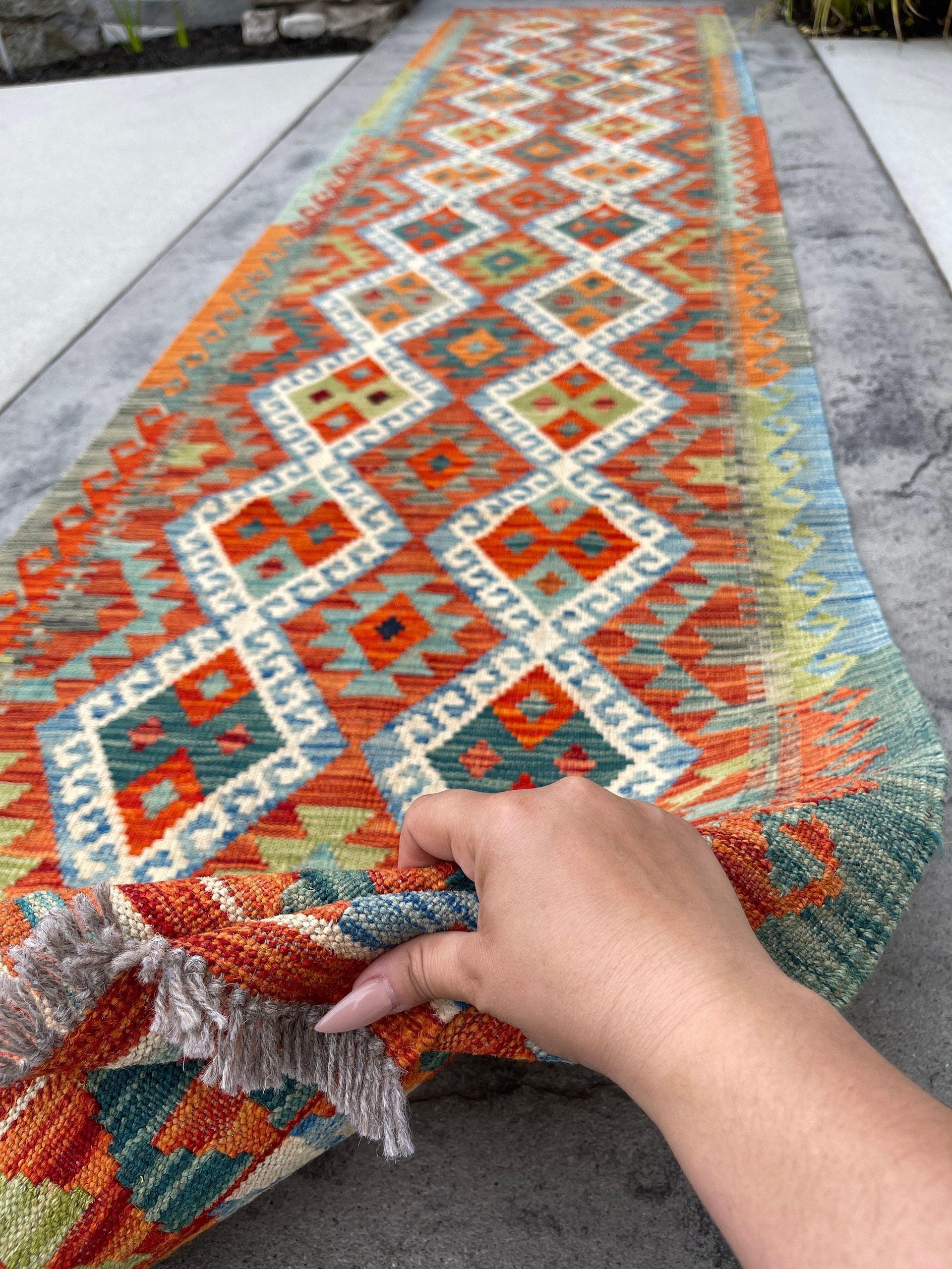 3x13 (90x395) Handmade Afghan Kilim Rug Runner | Burnt Orange Ivory Blue Green Sage | Flatweave Flat Weave Tribal Oriental Boho Wool