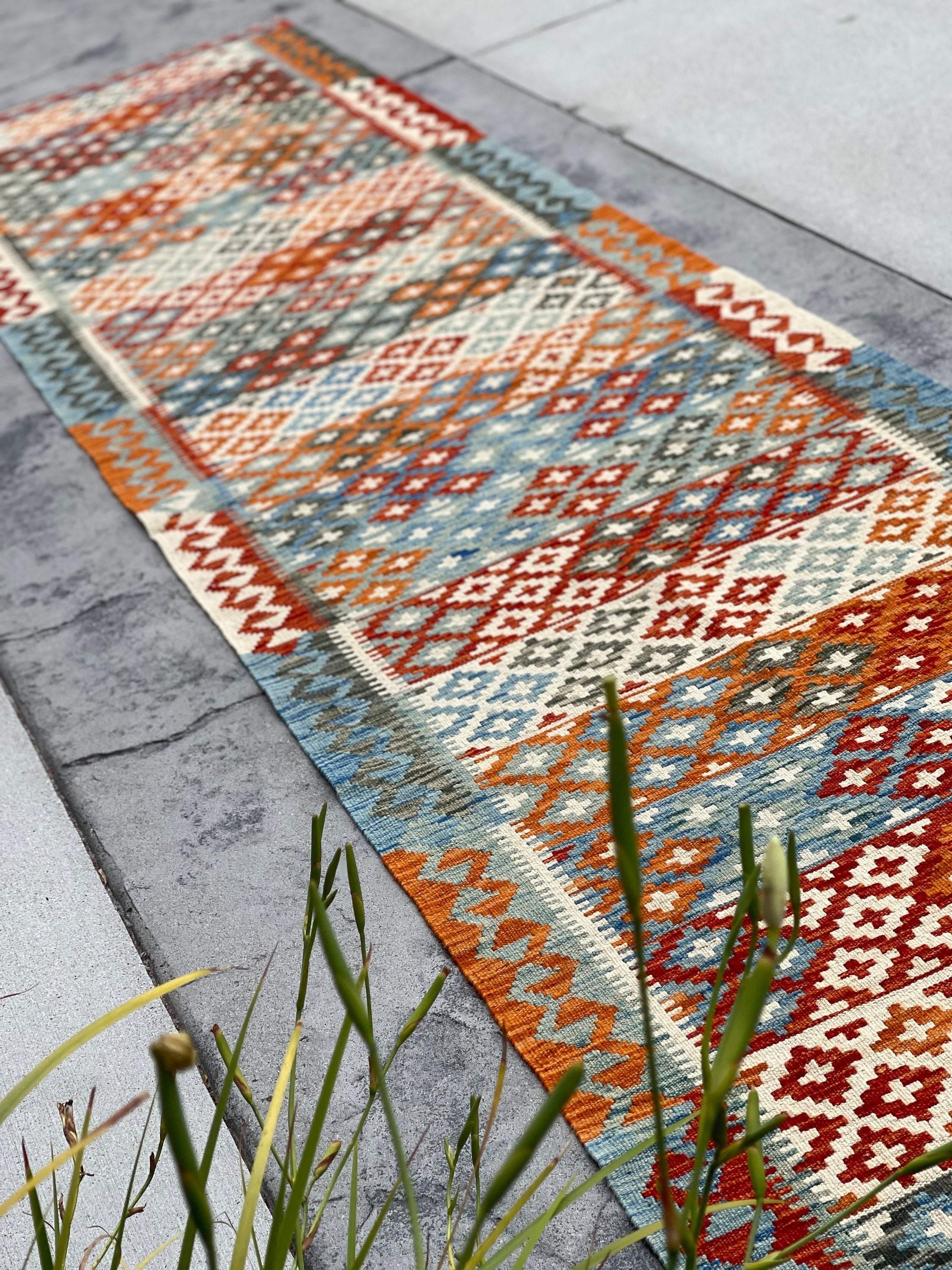 3x14 (90x410) Handmade Afghan Kilim Rug Runner | Burnt Orange Ivory Cream Blue Green Turquoise | Flatweave Tribal Oriental Boho Wool