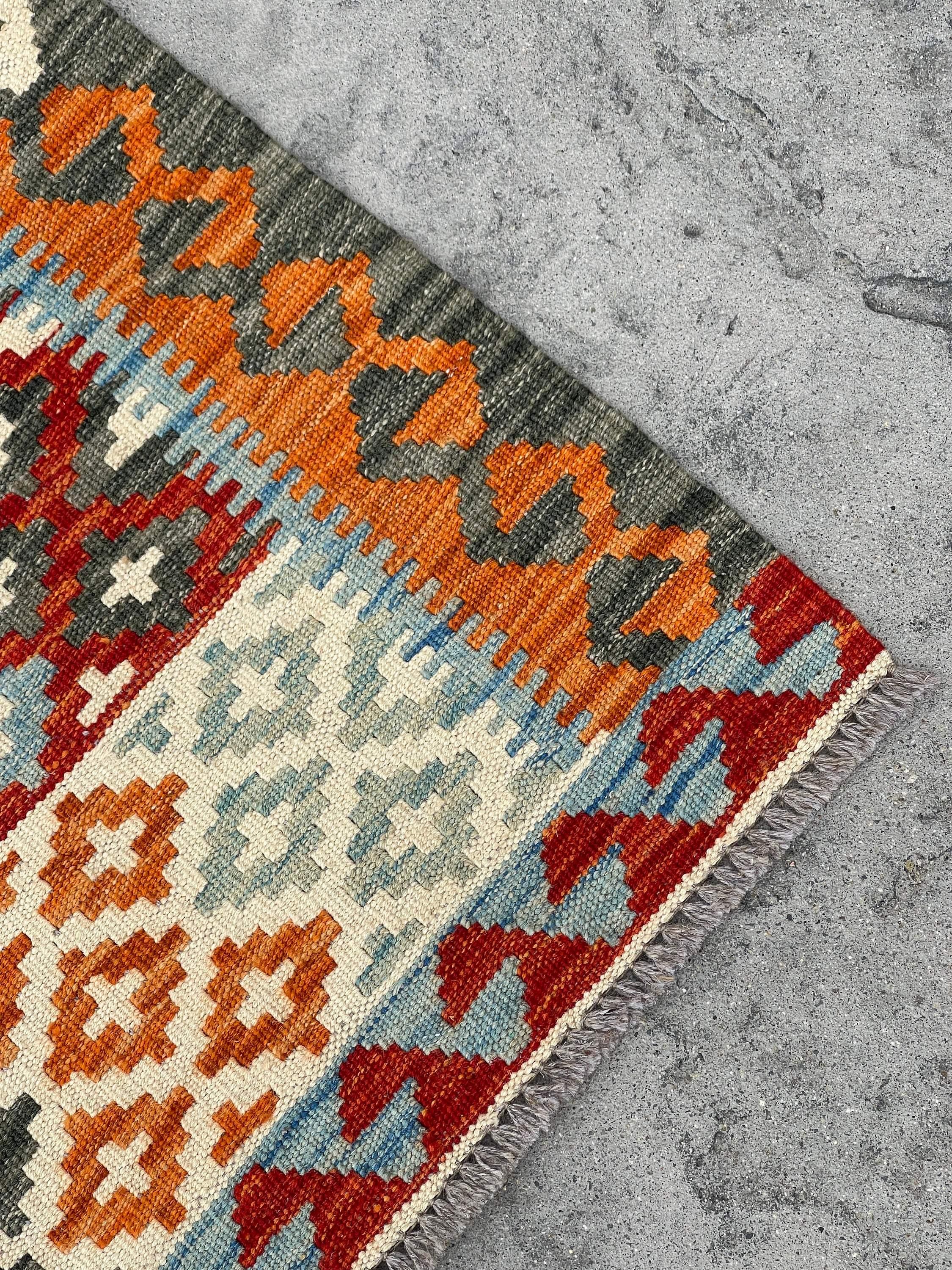 3x14 (90x410) Handmade Afghan Kilim Rug Runner | Burnt Orange Ivory Cream Blue Green Turquoise | Flatweave Tribal Oriental Boho Wool