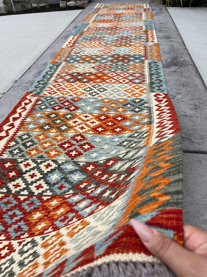 3x14 (90x410) Handmade Afghan Kilim Rug Runner | Burnt Orange Ivory Cream Blue Green Turquoise | Flatweave Tribal Oriental Boho Wool