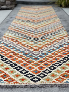3x13 (90x395) Handmade Afghan Kilim Rug Runner | Ivory Cream Orange Blue Green Purple | Flatweave Flat Weave Tribal Oriental Boho Wool
