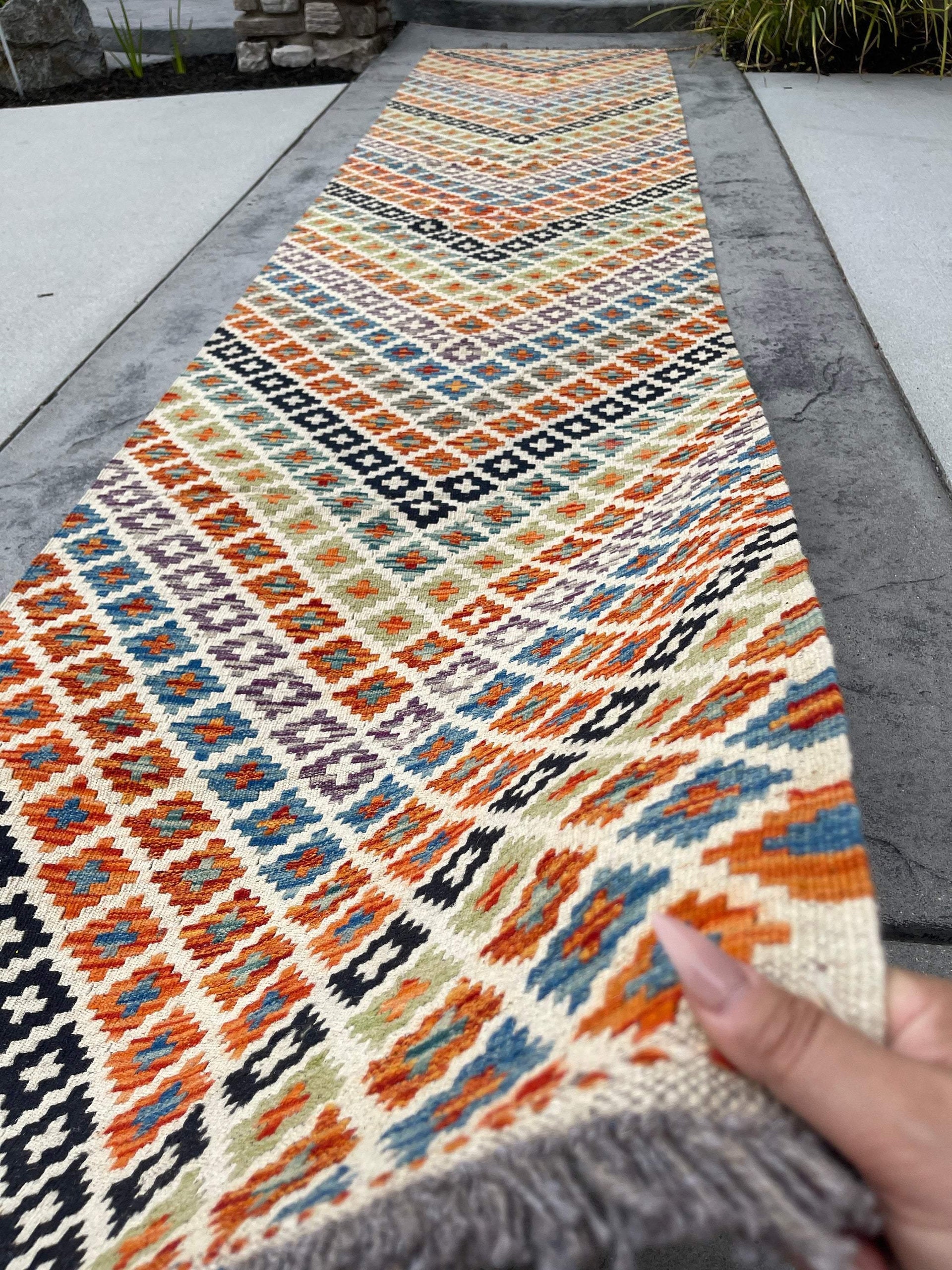 3x13 (90x395) Handmade Afghan Kilim Rug Runner | Ivory Cream Orange Blue Green Purple | Flatweave Flat Weave Tribal Oriental Boho Wool