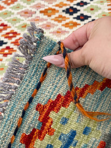 3x13 (90x395) Handmade Afghan Kilim Rug Runner | Turquoise Green Ivory Orange Blue Salmon Pink | Flatweave Tribal Oriental Boho Wool
