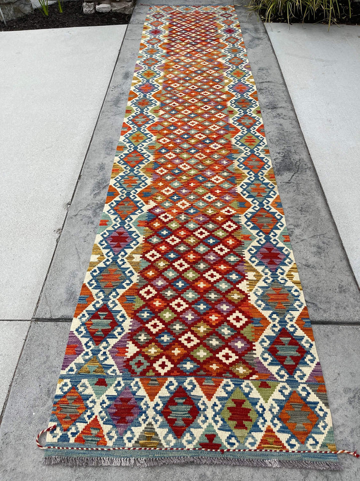 3x13 (90x395) Handmade Afghan Kilim Rug Runner | Orange Blue Sage Green Ivory Cream Purple Turquoise | Flatweave Tribal Oriental Boho Wool