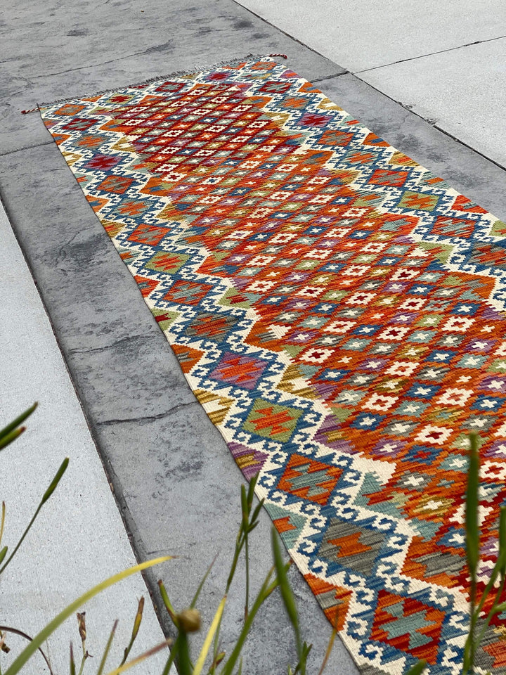 3x13 (90x395) Handmade Afghan Kilim Rug Runner | Orange Blue Sage Green Ivory Cream Purple Turquoise | Flatweave Tribal Oriental Boho Wool