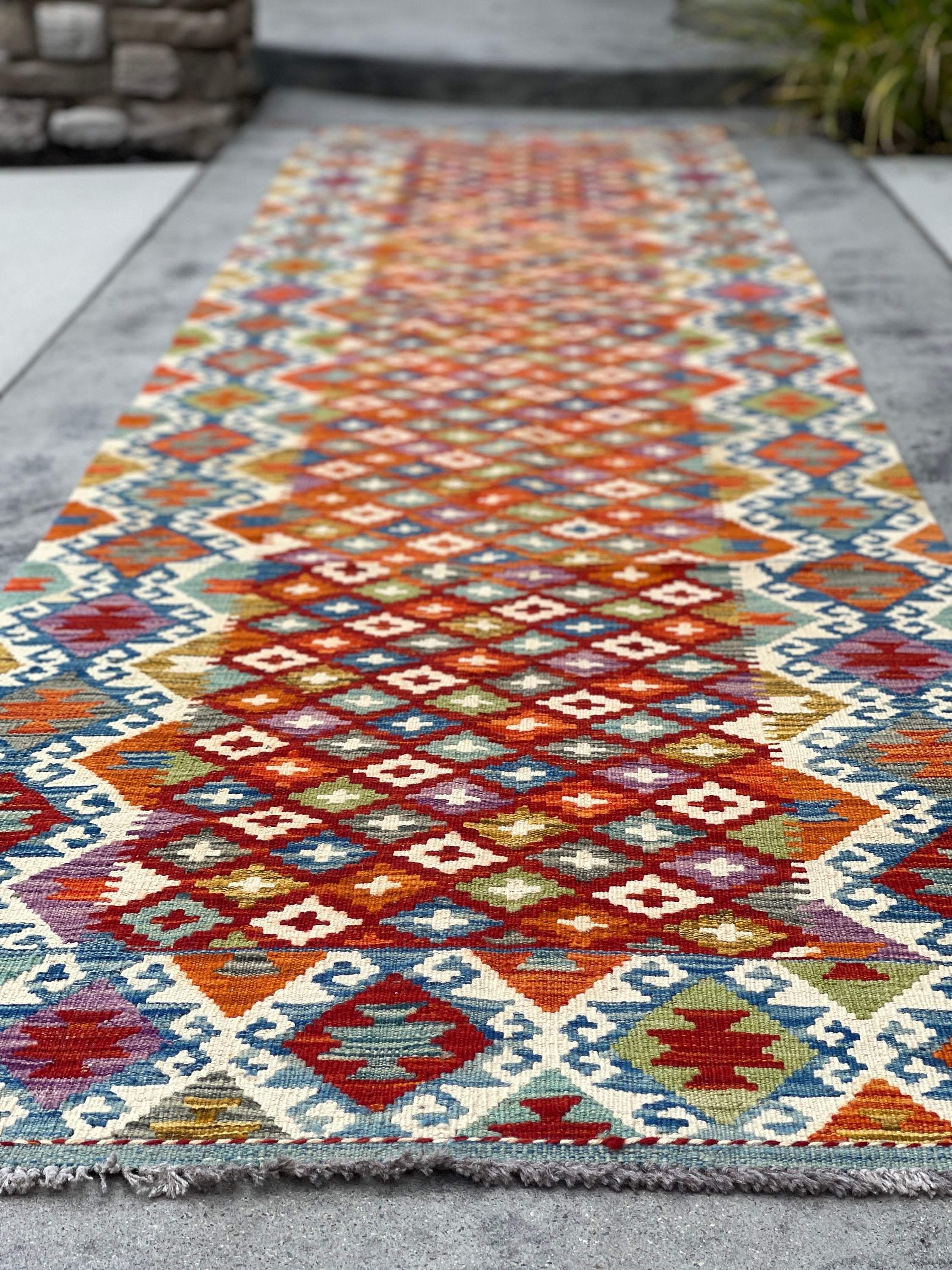 3x13 (90x395) Handmade Afghan Kilim Rug Runner | Orange Blue Sage Green Ivory Cream Purple Turquoise | Flatweave Tribal Oriental Boho Wool