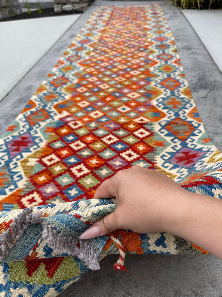 3x13 (90x395) Handmade Afghan Kilim Rug Runner | Orange Blue Sage Green Ivory Cream Purple Turquoise | Flatweave Tribal Oriental Boho Wool