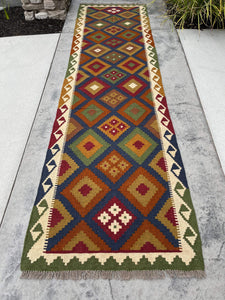 3x10 (90x305) Handmade Afghan Kilim Rug Runner | Forest Green Blue Orange Ivory Beige Redwood | Flatweave Flat Weave Tribal Oriental Boho