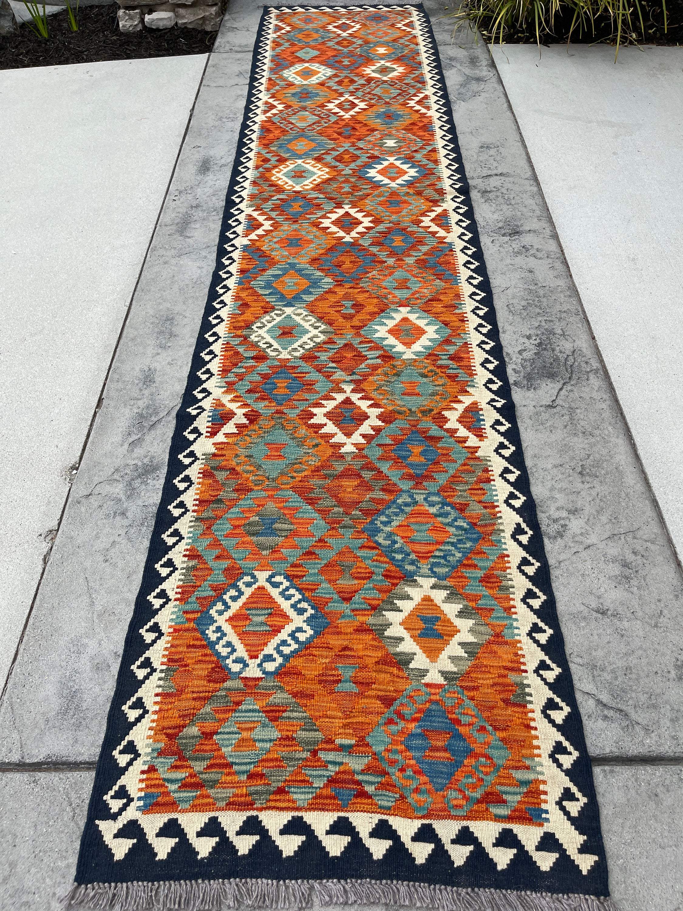 3x13 (90x395) Handmade Afghan Kilim Rug Runner | Midnight Blue Ivory Burnt Orange Turquoise | Flatweave Flat Weave Tribal Oriental Boho Wool
