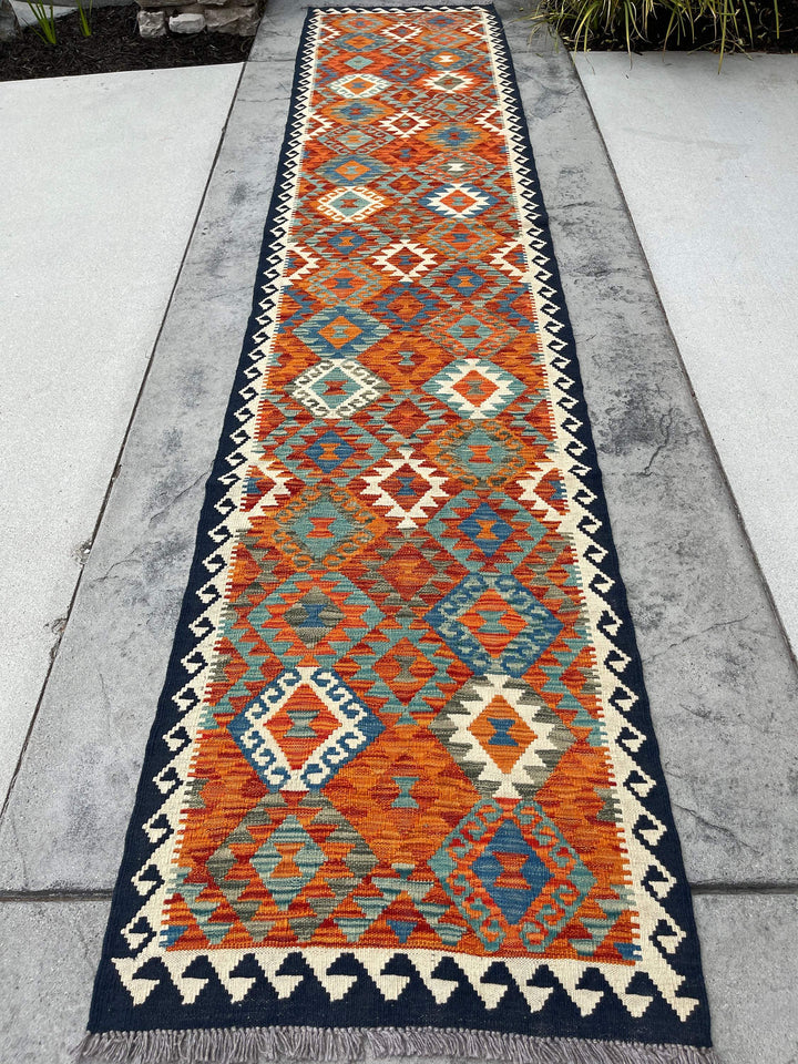 3x13 (90x395) Handmade Afghan Kilim Rug Runner | Midnight Blue Ivory Burnt Orange Turquoise | Flatweave Flat Weave Tribal Oriental Boho Wool