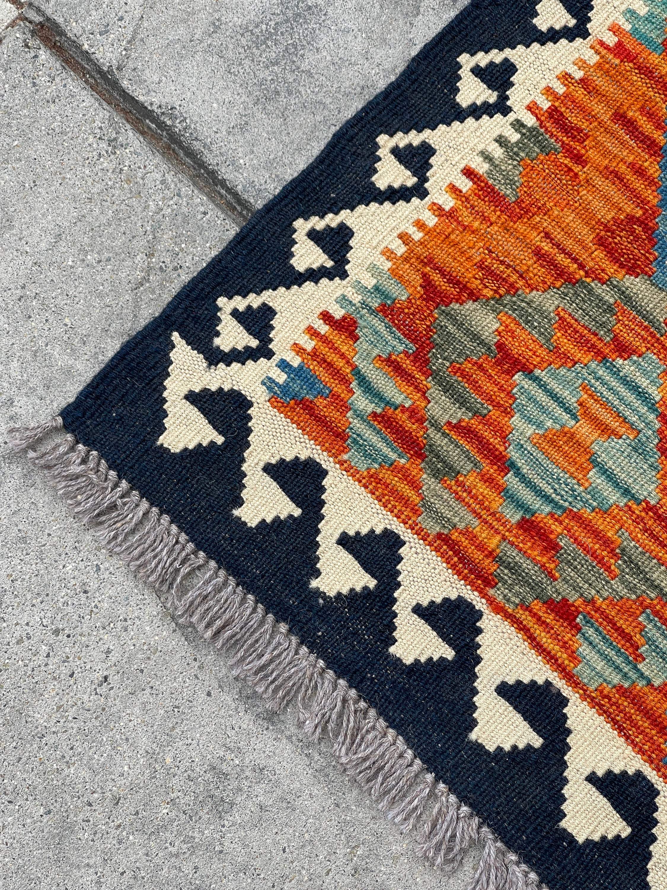 3x13 (90x395) Handmade Afghan Kilim Rug Runner | Midnight Blue Ivory Burnt Orange Turquoise | Flatweave Flat Weave Tribal Oriental Boho Wool