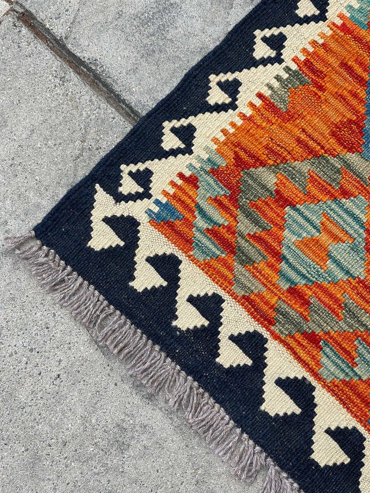 3x13 (90x395) Handmade Afghan Kilim Rug Runner | Midnight Blue Ivory Burnt Orange Turquoise | Flatweave Flat Weave Tribal Oriental Boho Wool