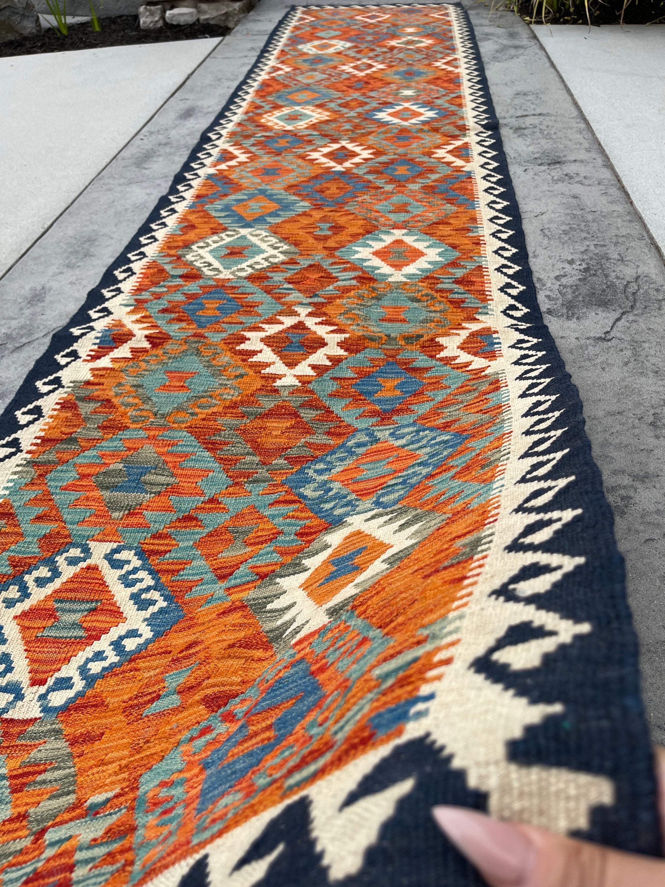 3x13 (90x395) Handmade Afghan Kilim Rug Runner | Midnight Blue Ivory Burnt Orange Turquoise | Flatweave Flat Weave Tribal Oriental Boho Wool