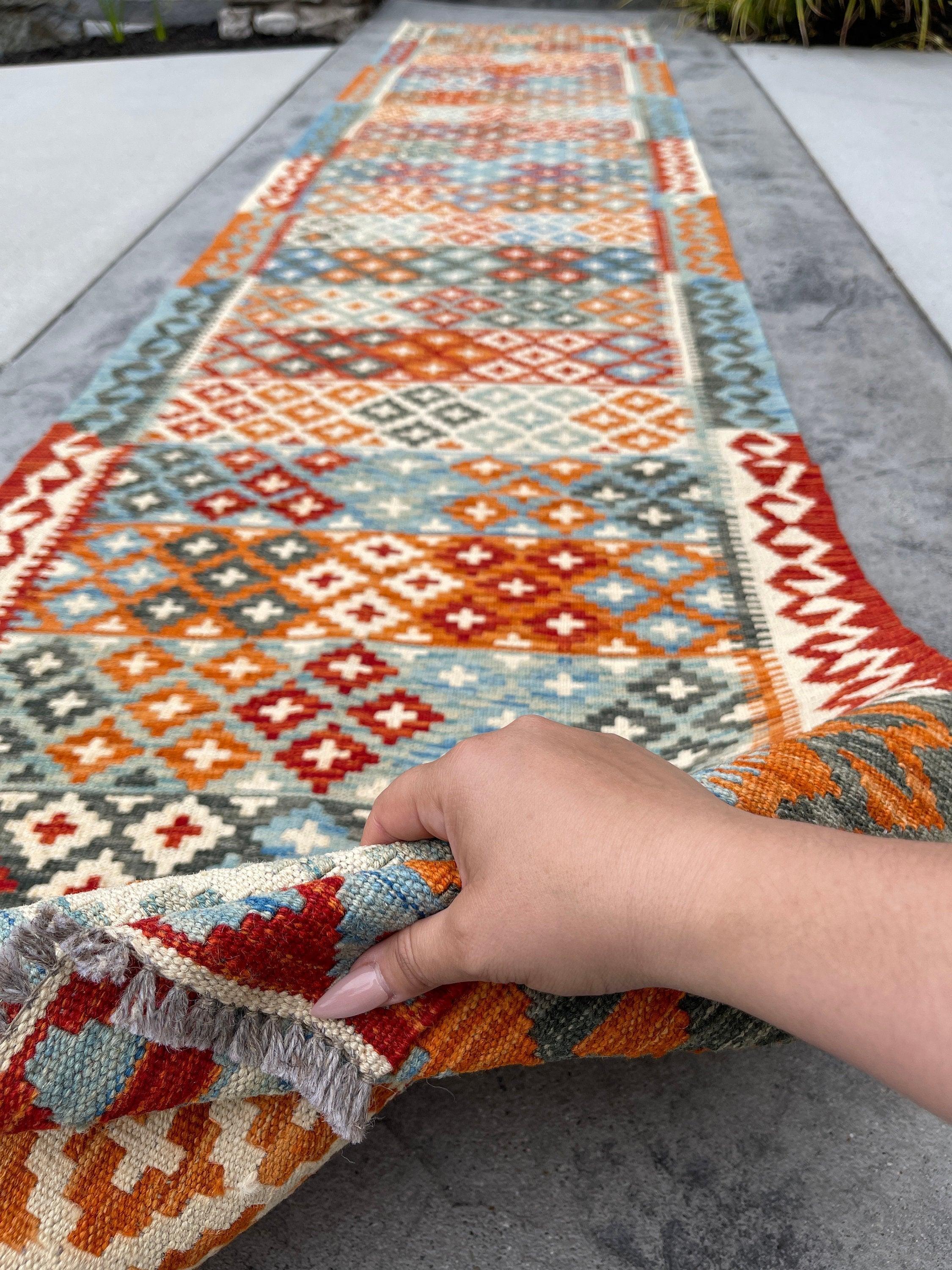 3x14 (90x410) Handmade Afghan Kilim Rug Runner | Burnt Orange Ivory Cream Blue Green Turquoise | Flatweave Tribal Oriental Boho Wool