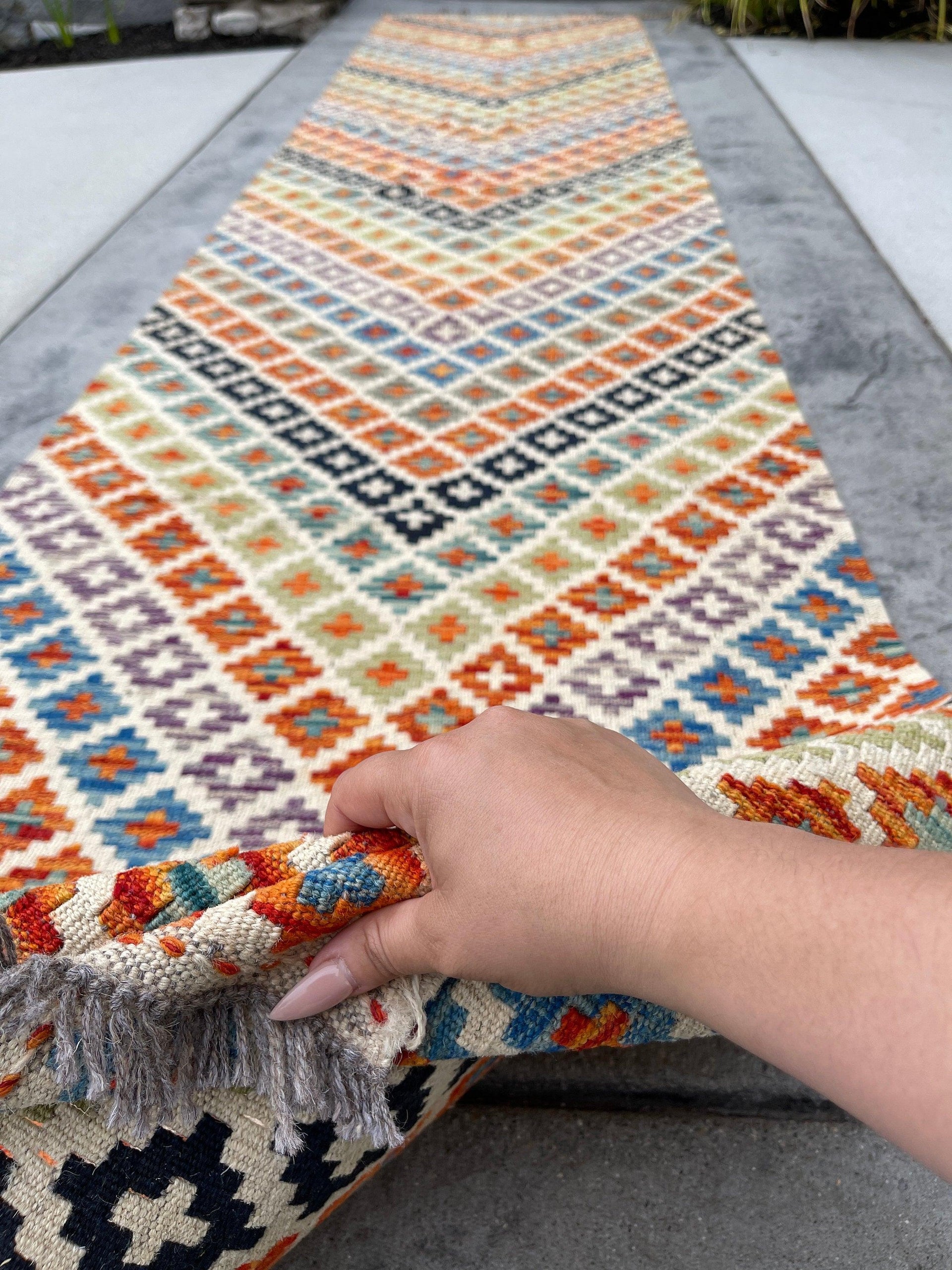 3x13 (90x395) Handmade Afghan Kilim Rug Runner | Ivory Cream Orange Blue Green Purple | Flatweave Flat Weave Tribal Oriental Boho Wool