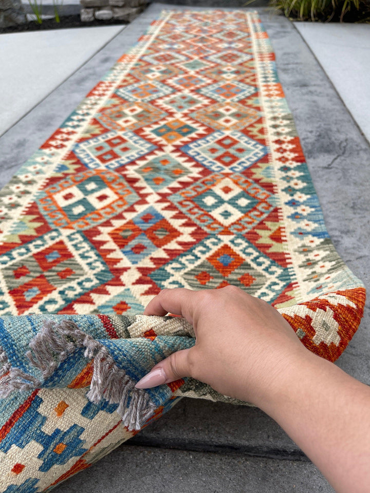 3x13 (90x395) Handmade Afghan Kilim Rug Runner | Red Orange Ivory Blue Green Turquoise | Flatweave Flat Weave Tribal Oriental Boho Wool