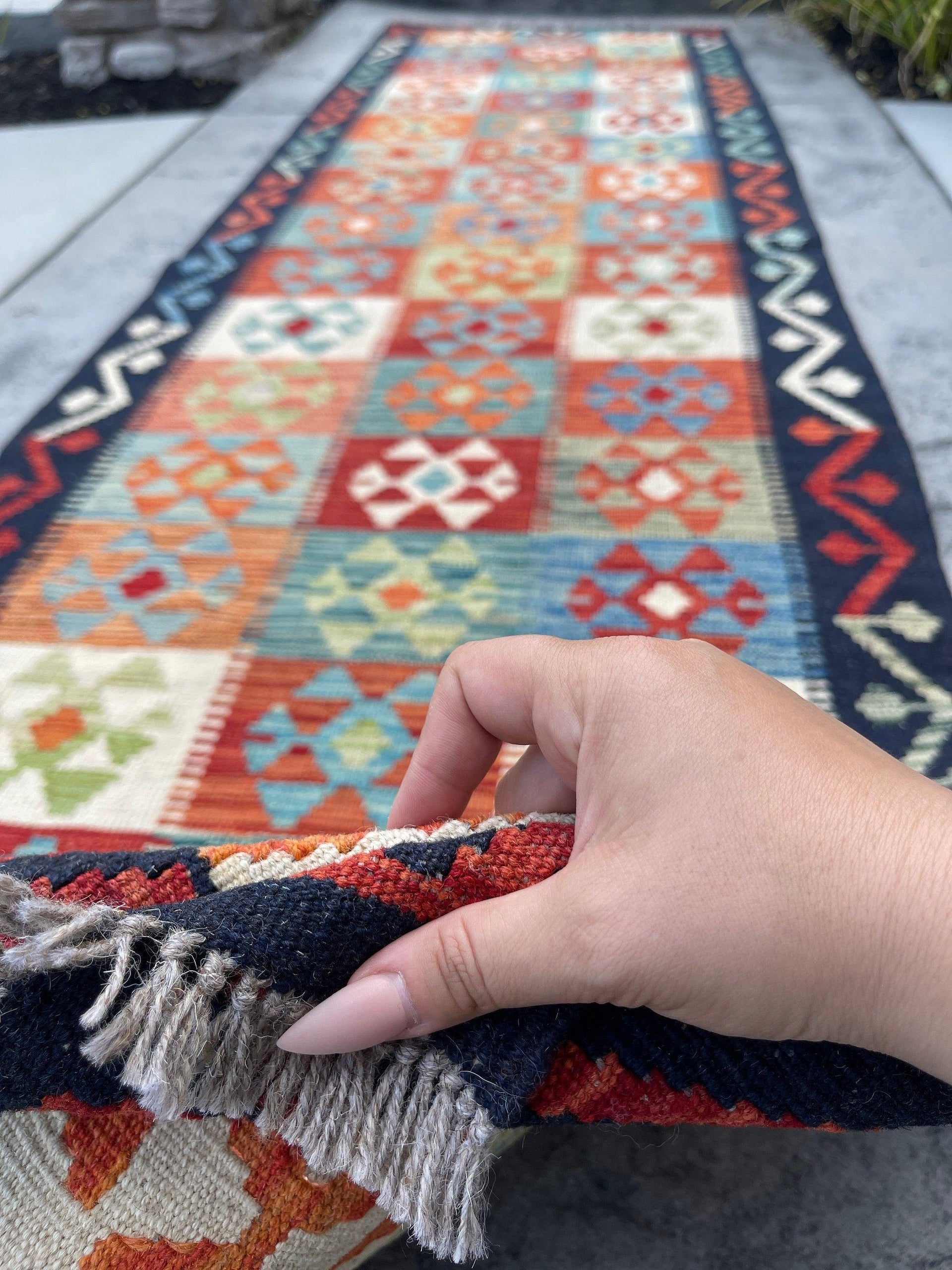 3x10 (90x305) Handmade Afghan Kilim Rug Runner | Midnight Blue Ivory Orange Teal Red Green | Bohemian Boho Oriental Flatweave Jute