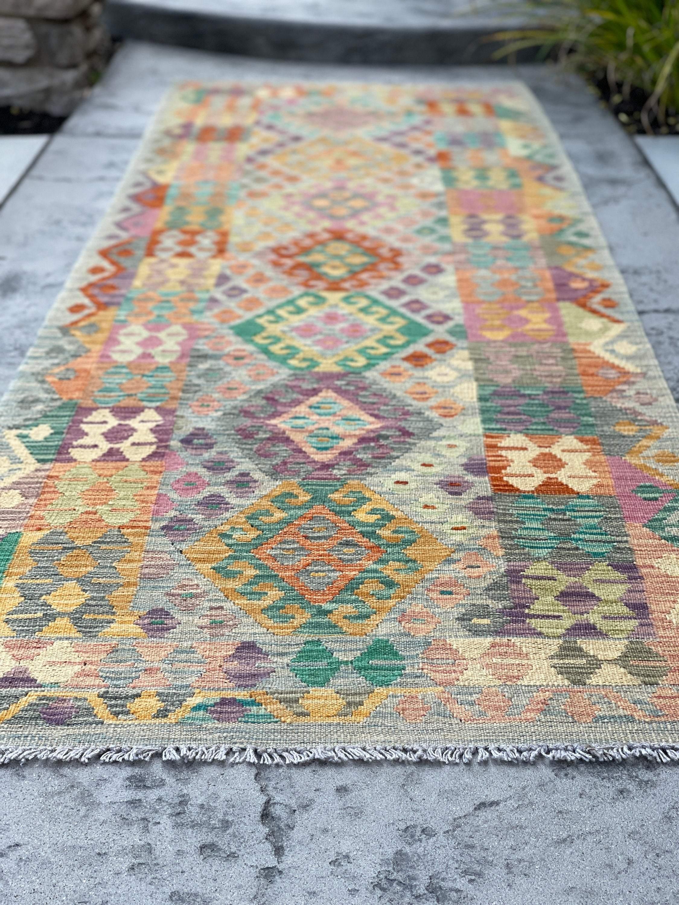 3x10 (90x305) Handmade Afghan Kilim Rug Runner | Moss Green Pink Orange Purple Ivory Cream Mustard | Bohemian Boho Oriental Flatweave Jute